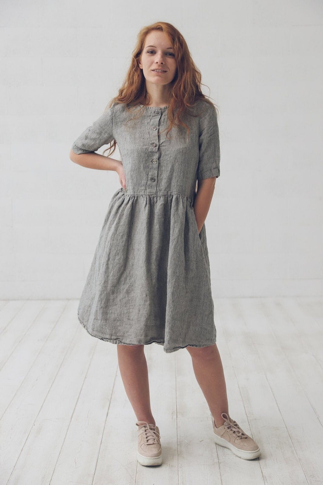 Linen Short Dress Sleeves Old Linen Mill Small Grey Checks XS