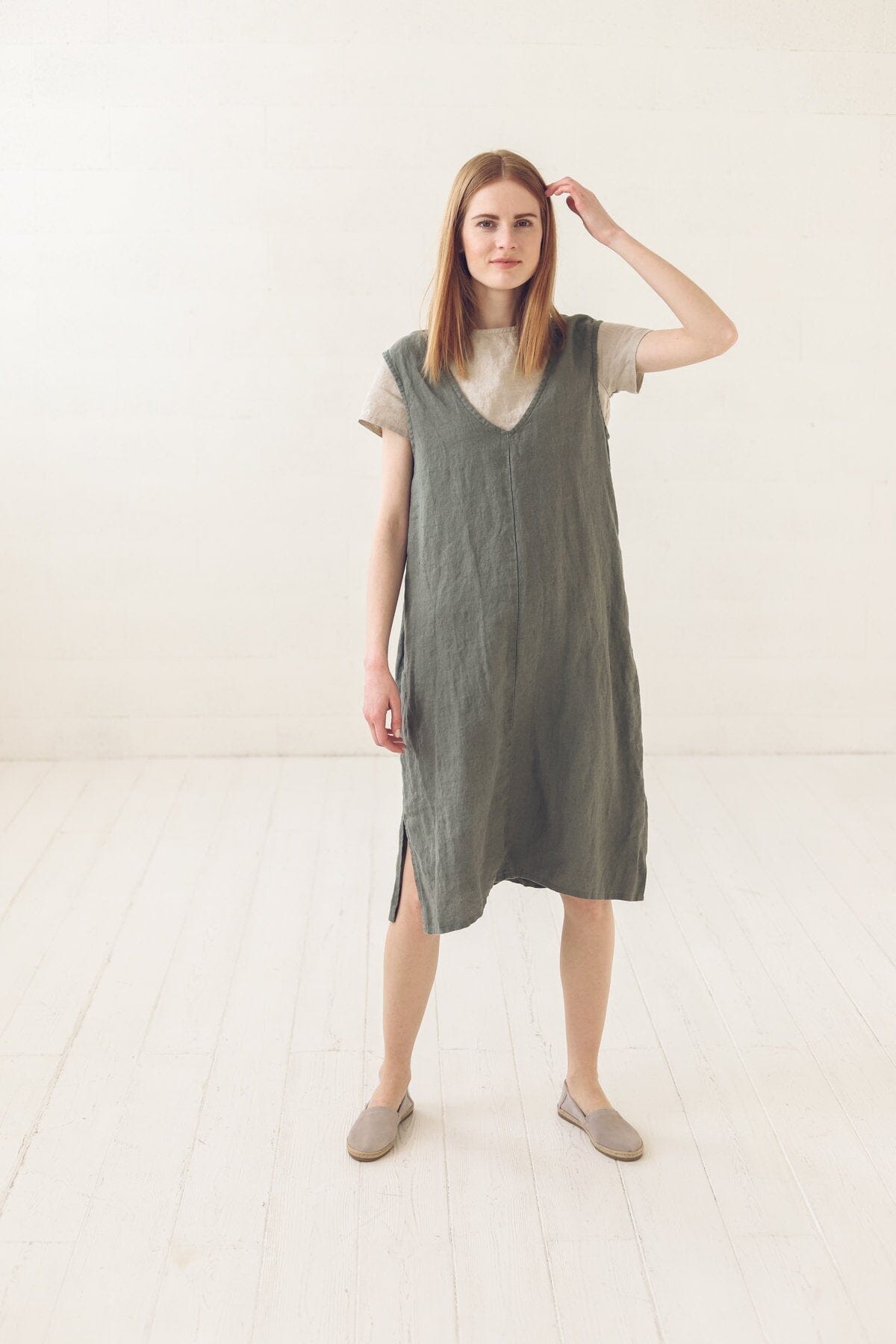 Linen Sleeveless Pinafore Dress Old Linen Mill Small Grey Checks XS/S