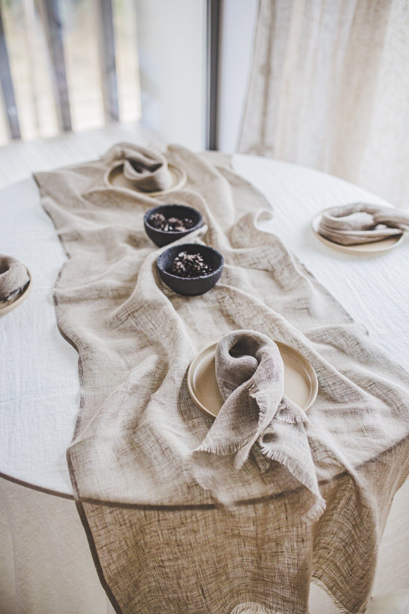 Linen Table Runner with Raw Edge Fringes Old Linen Mill Semi White 65x150cm; 25.6 in x 59.1 in