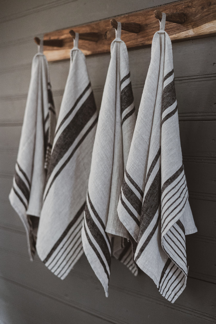 Linen Tea Towels – Set of 2 in Black Stripes TT50x70 Old Linen Mill