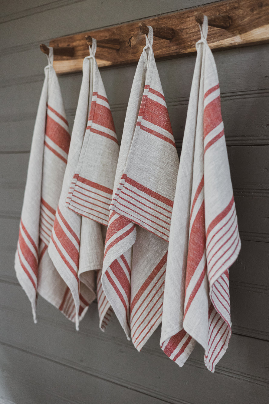 Linen Tea Towels – Set of 2 in Red Stripes TT50x70 Old Linen Mill