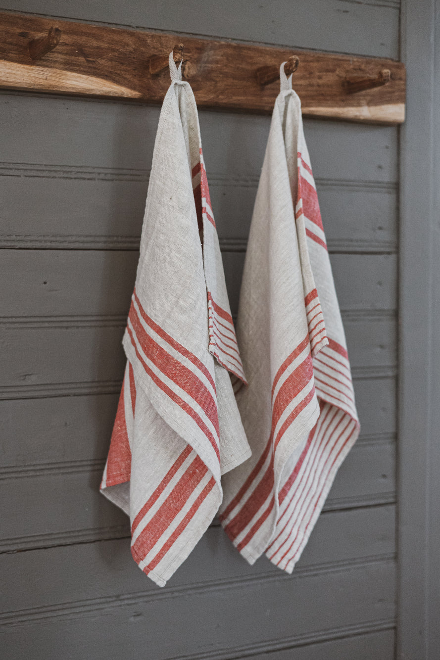 Linen Tea Towels – Set of 2 in Red Stripes TT50x70 Old Linen Mill