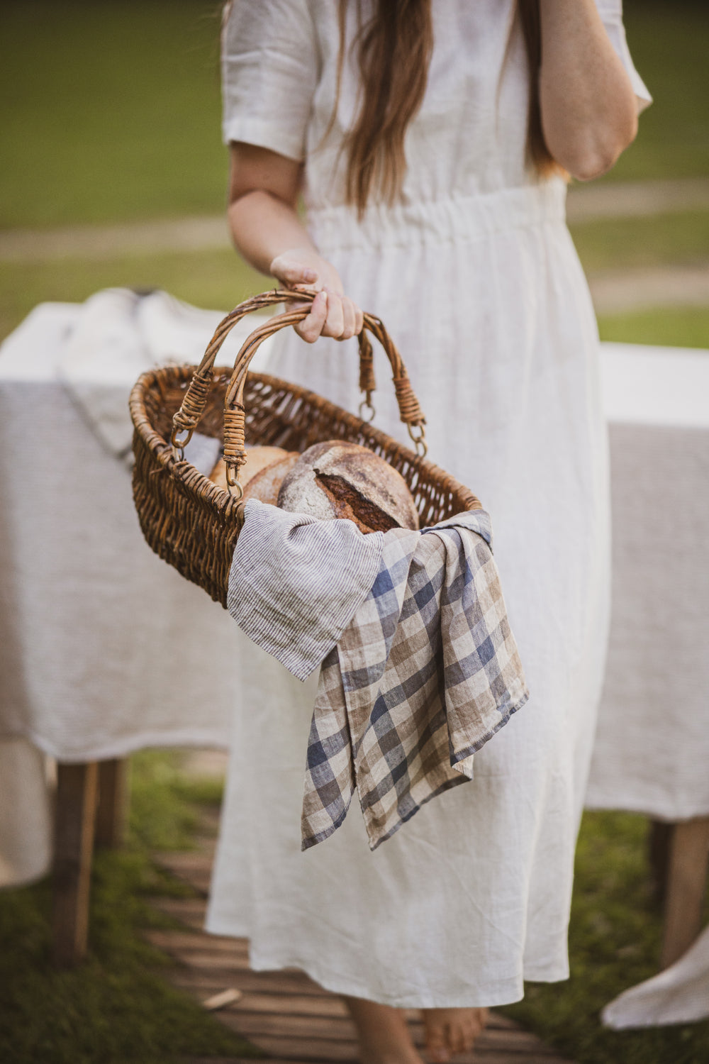 Linen Tea Towels Set of 4 In Blue Gray Gingham Checks TT50x70 Old Linen Mill