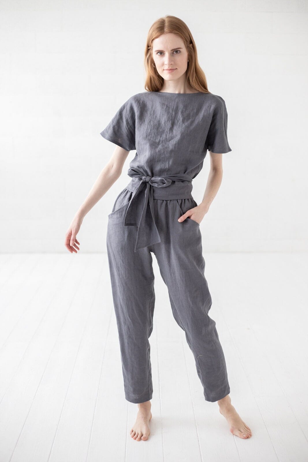 Linen Top Tie Waist Kimono Blouse Old Linen Mill Small Grey Checks XS/S