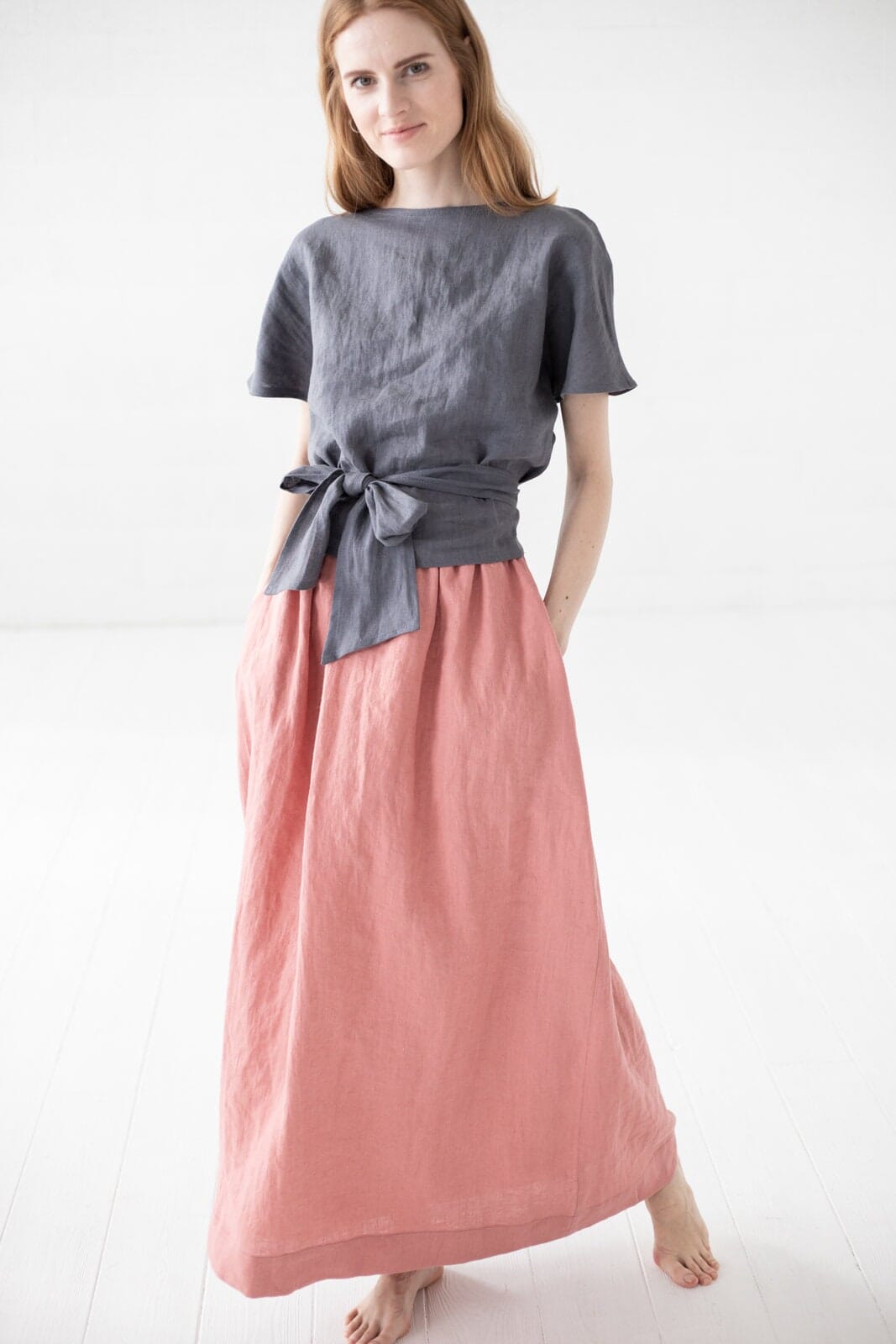 Long Linen Swing Skirt Old Linen Mill Small Grey Checks XS/S