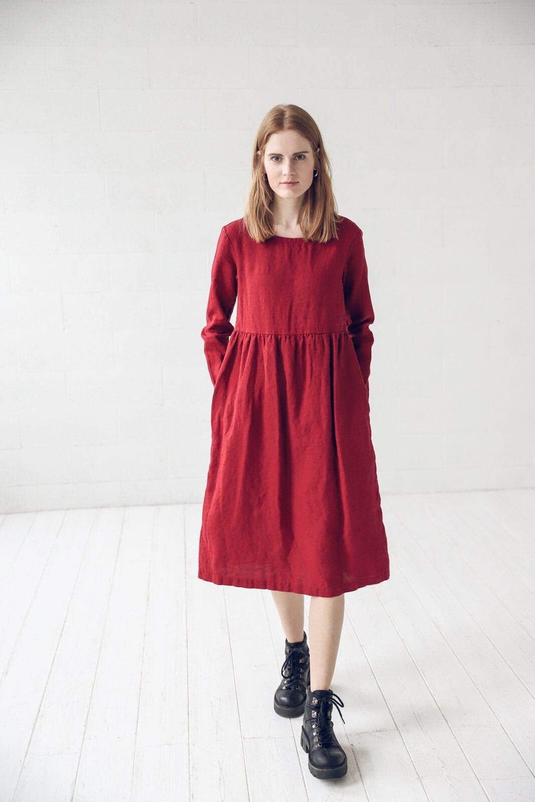 Long Sleeves Midi Linen Dress Old Linen Mill