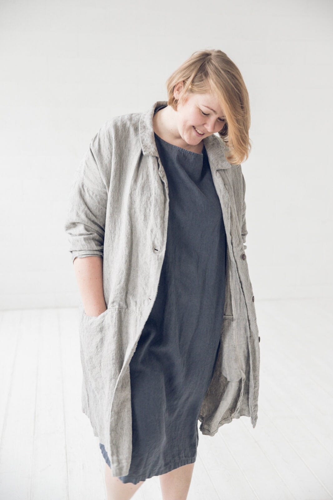 Loose Linen Jacket with Pockets Old Linen Mill Small Grey Checks 3 XL /4 XL