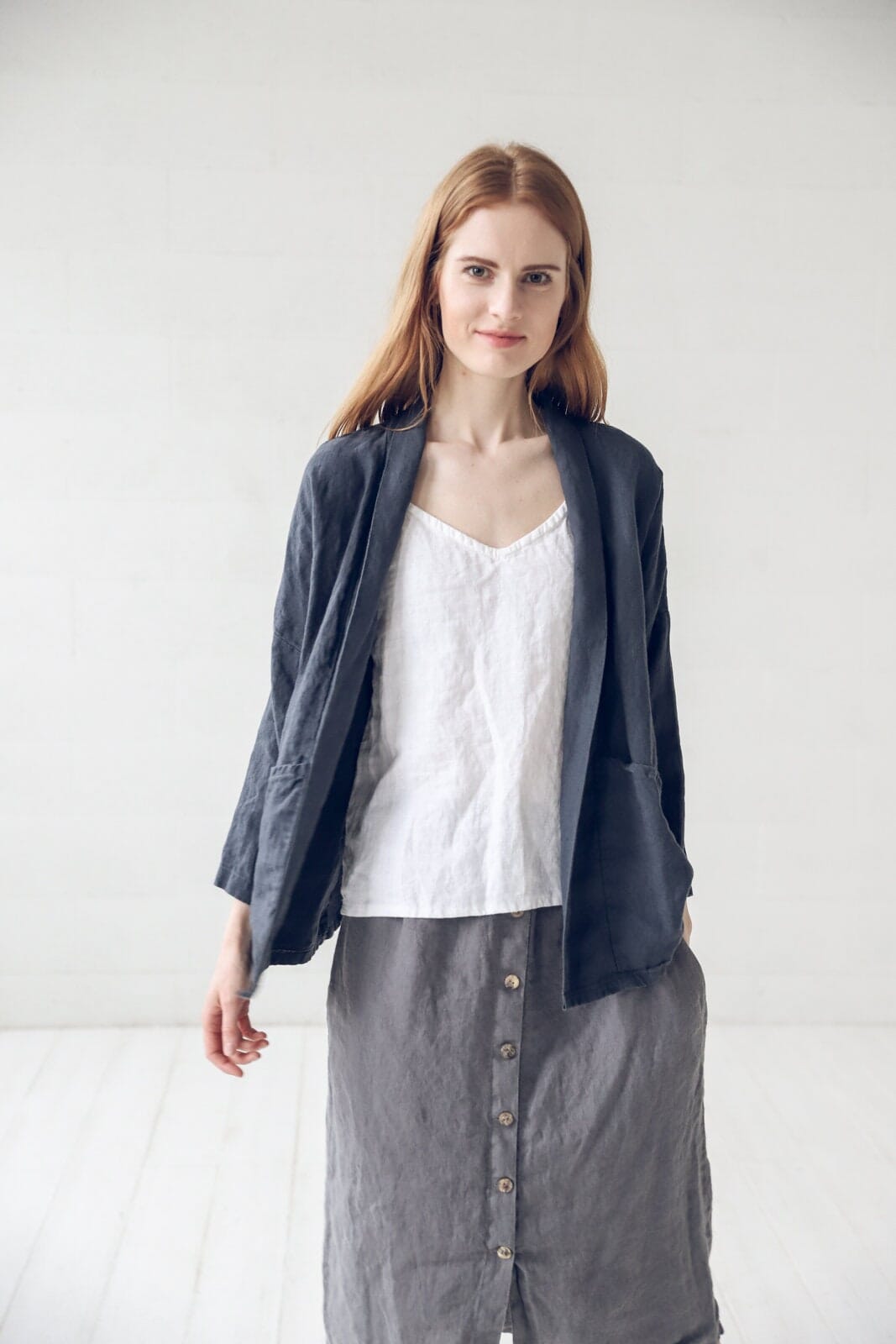 Loose Linen Jacket with Pockets Old Linen Mill Small Grey Checks XS/S