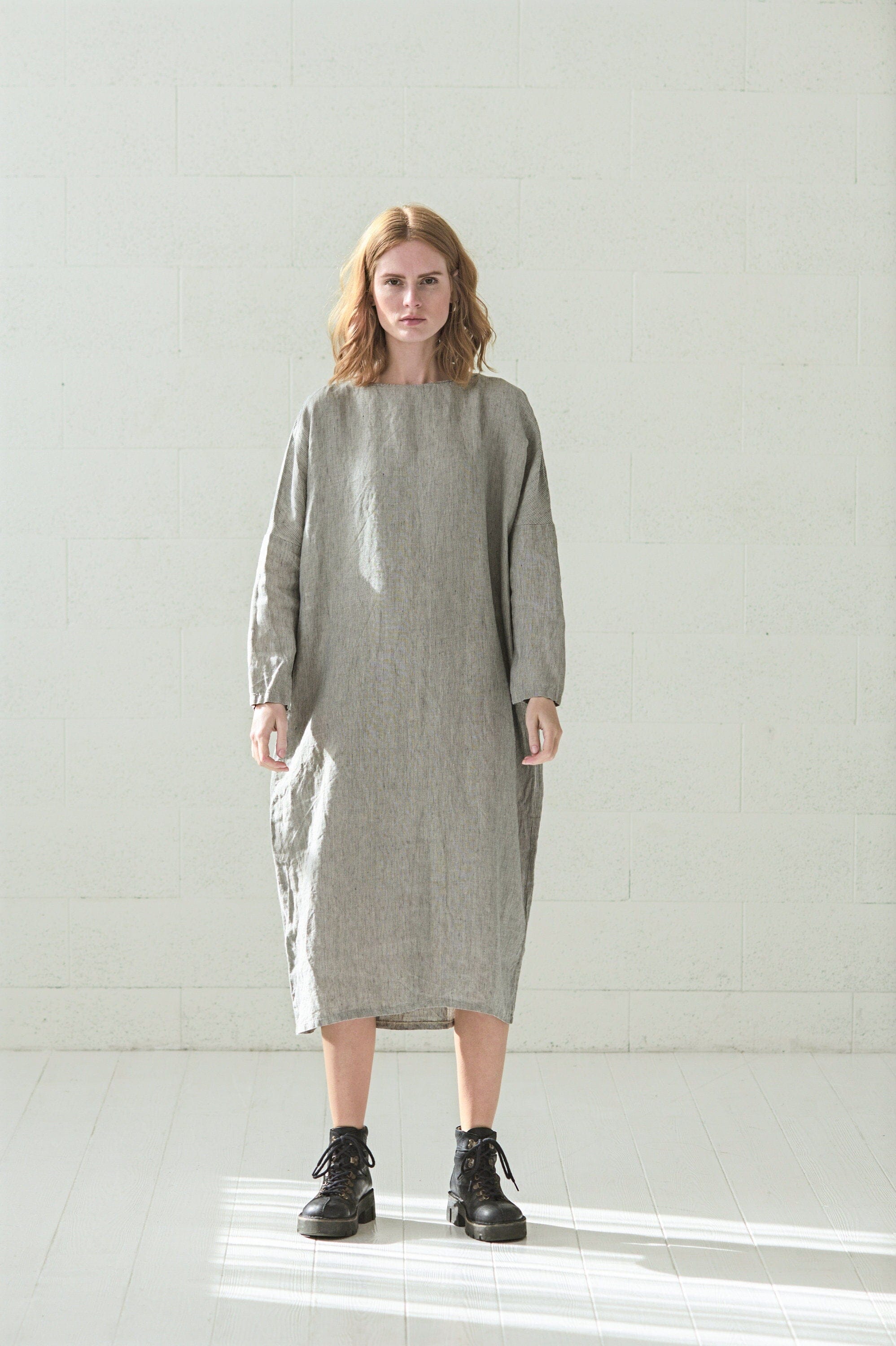 Maxi Linen Dress with Long Sleeves Old Linen Mill Small Grey Checks XS/S