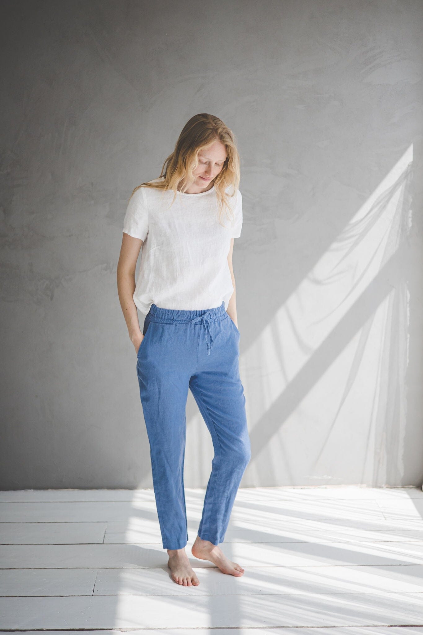 Mid Waist Fitted Linen Pants P01 Natural Grey Stripes / XS Old Linen Mill