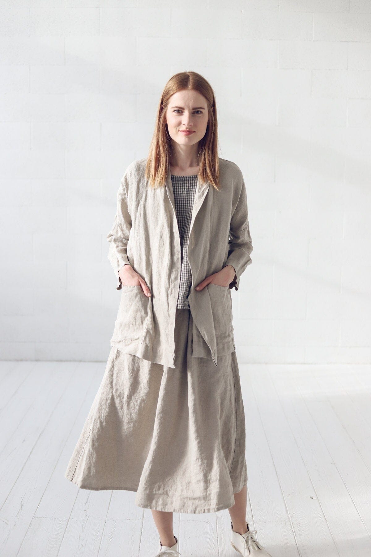 Minimal Linen Jacket with Pockets Old Linen Mill Small Grey Checks XS/S