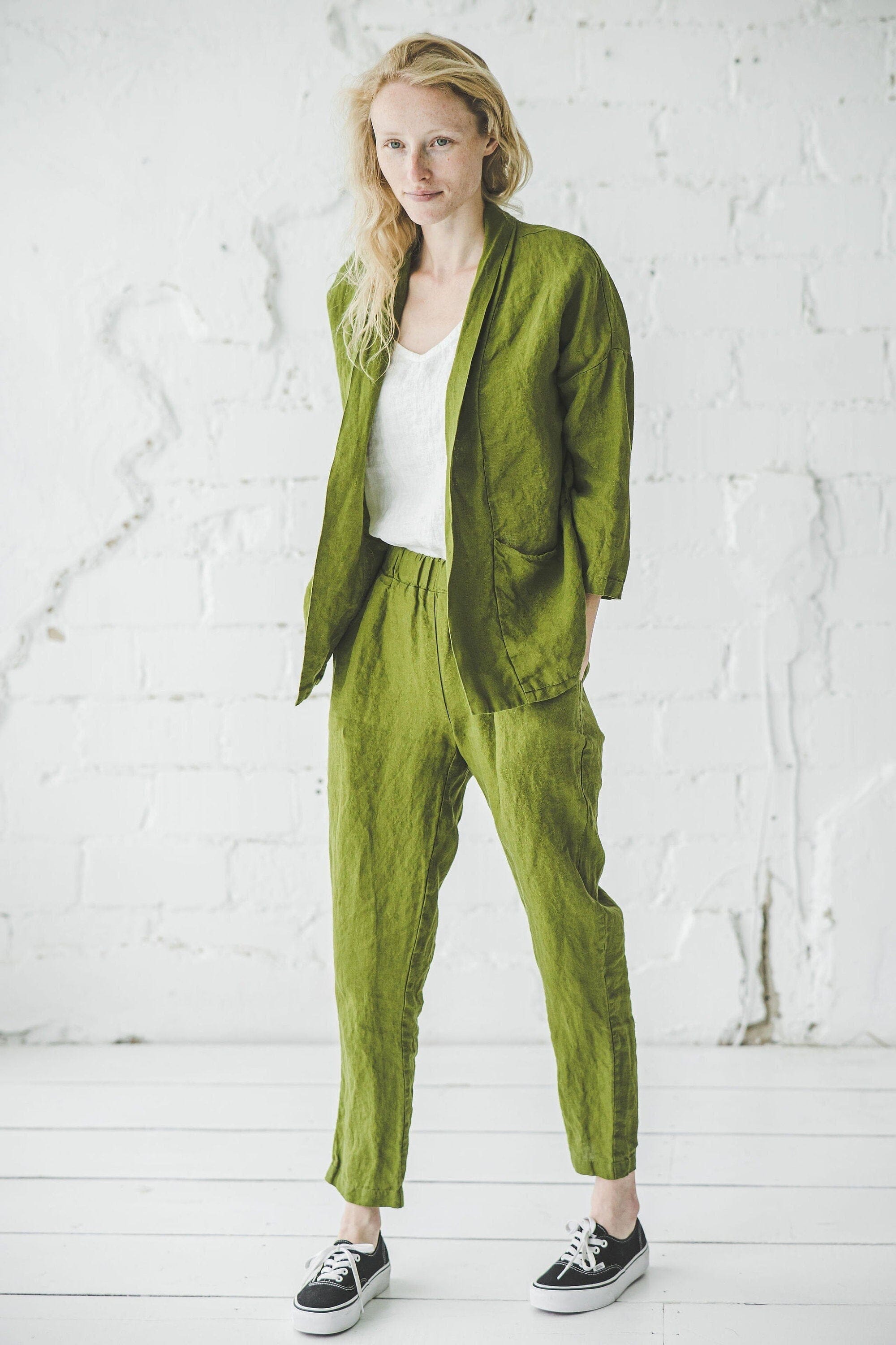 Minimalist Linen Cardigan for Women Old Linen Mill Small Grey Checks XS/S