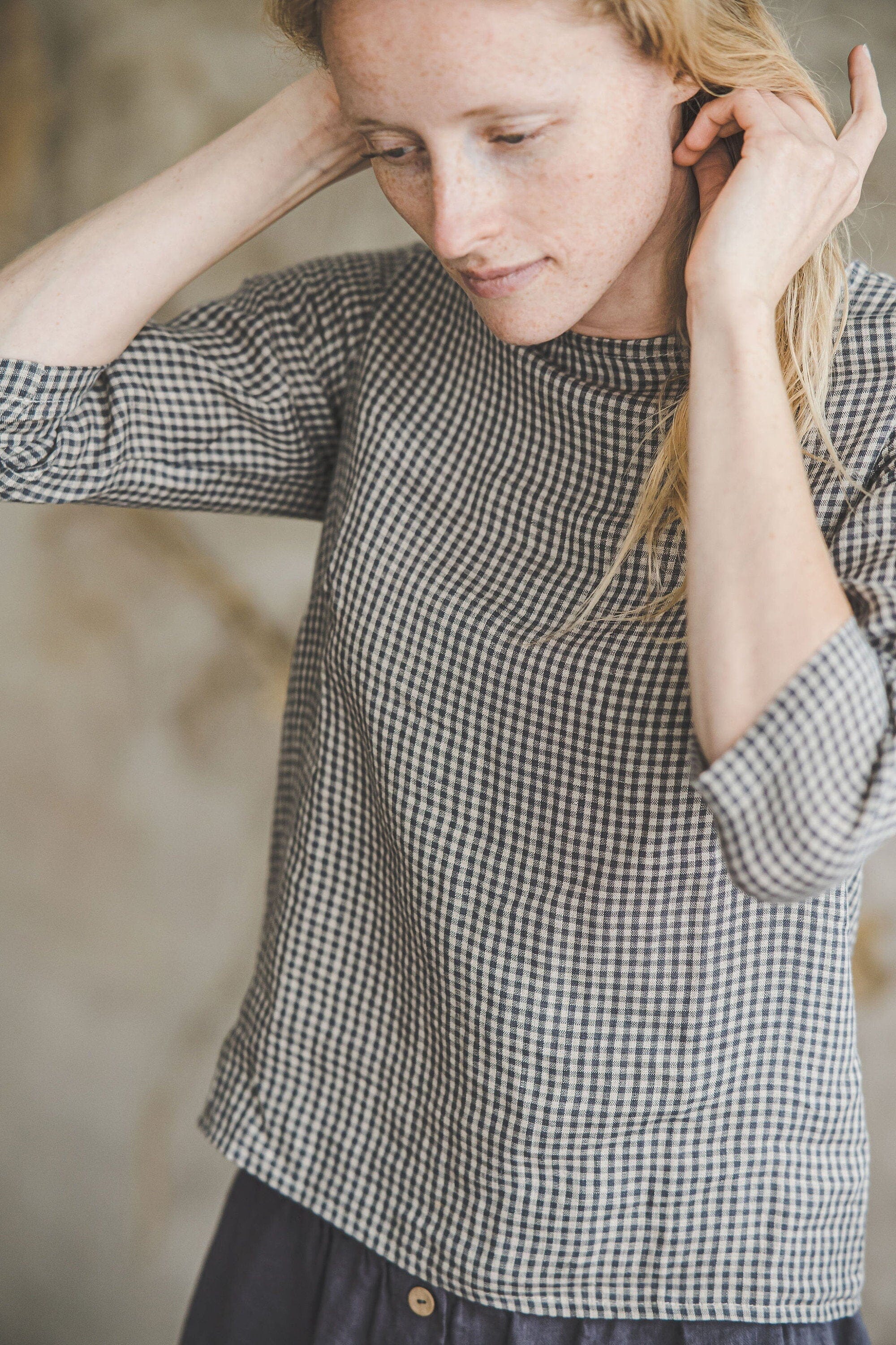 Minimalist Linen Top Sleeves Old Linen Mill Small Grey Checks XS