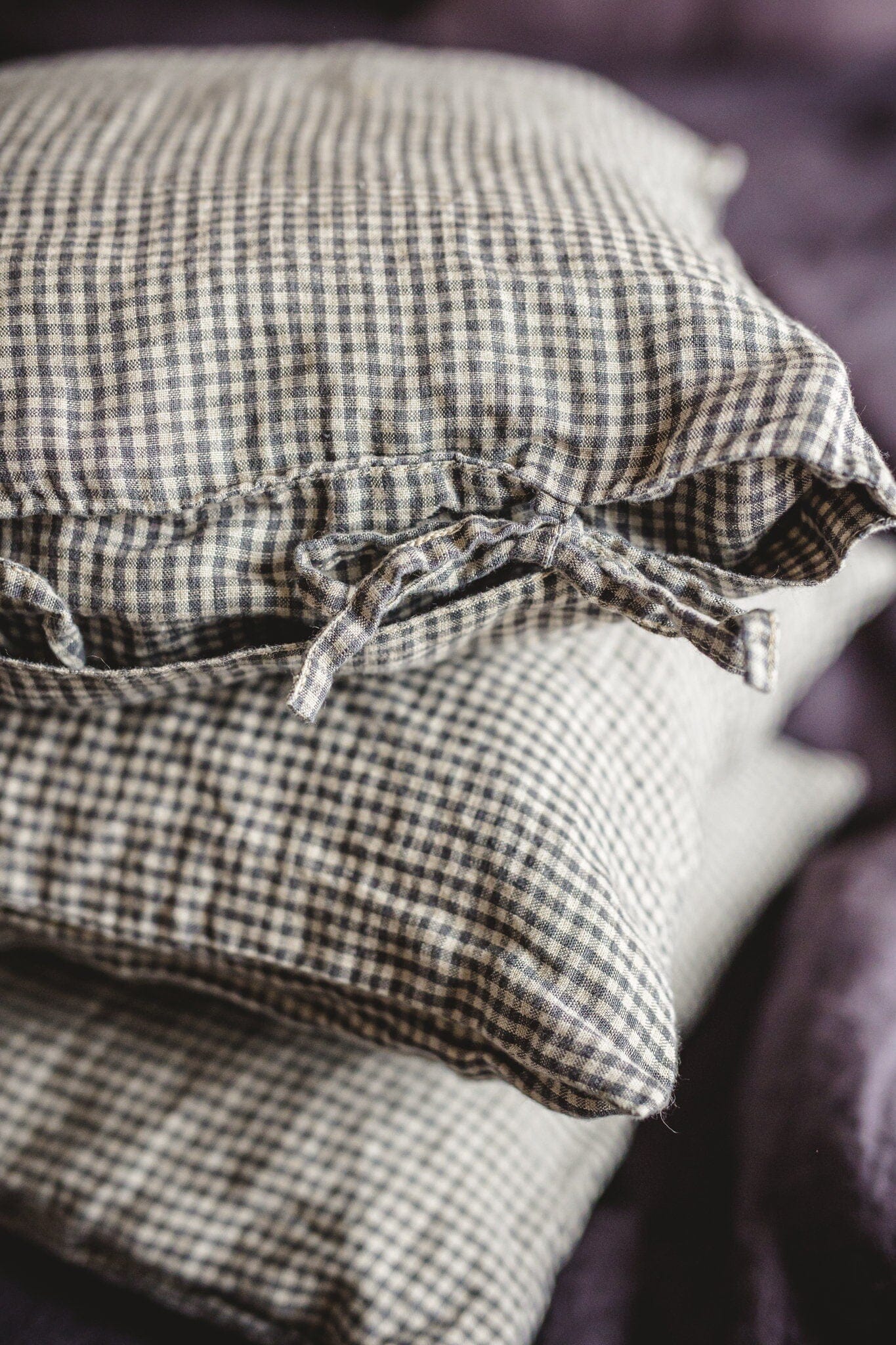 Natural Linen Throw Pillow Cover with Ties Old Linen Mill Small Grey Checks 40 cm; 15.7" x 15.7"