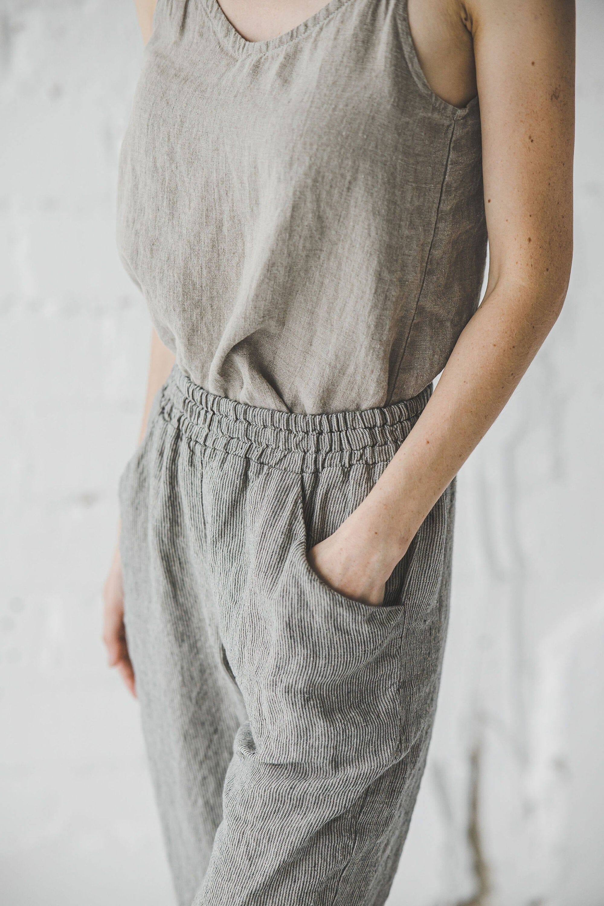 Natural Loose Linen Pants with Elastic Waistband Old Linen Mill
