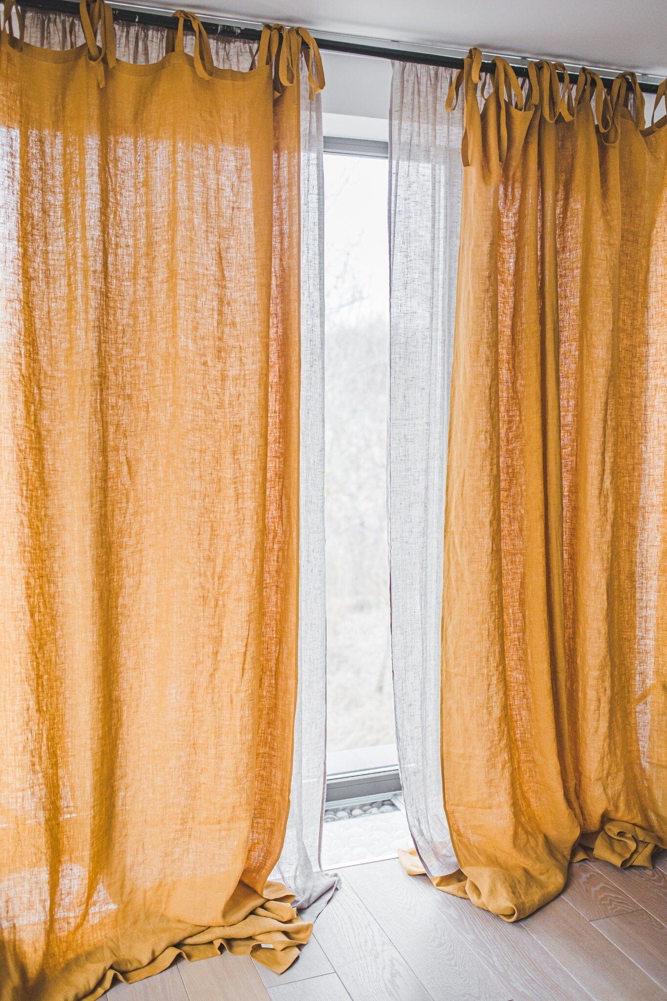 Natural Soft Linen Drapes Ties Top Curtain Panel Old Linen Mill Coffee 140 x 220 cm; 55" x 87"