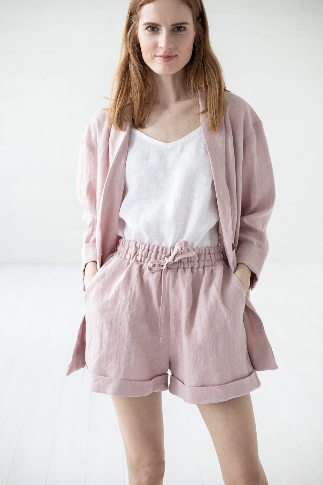 Office Style Linen Shorts Old Linen Mill Small Grey Checks XS/S