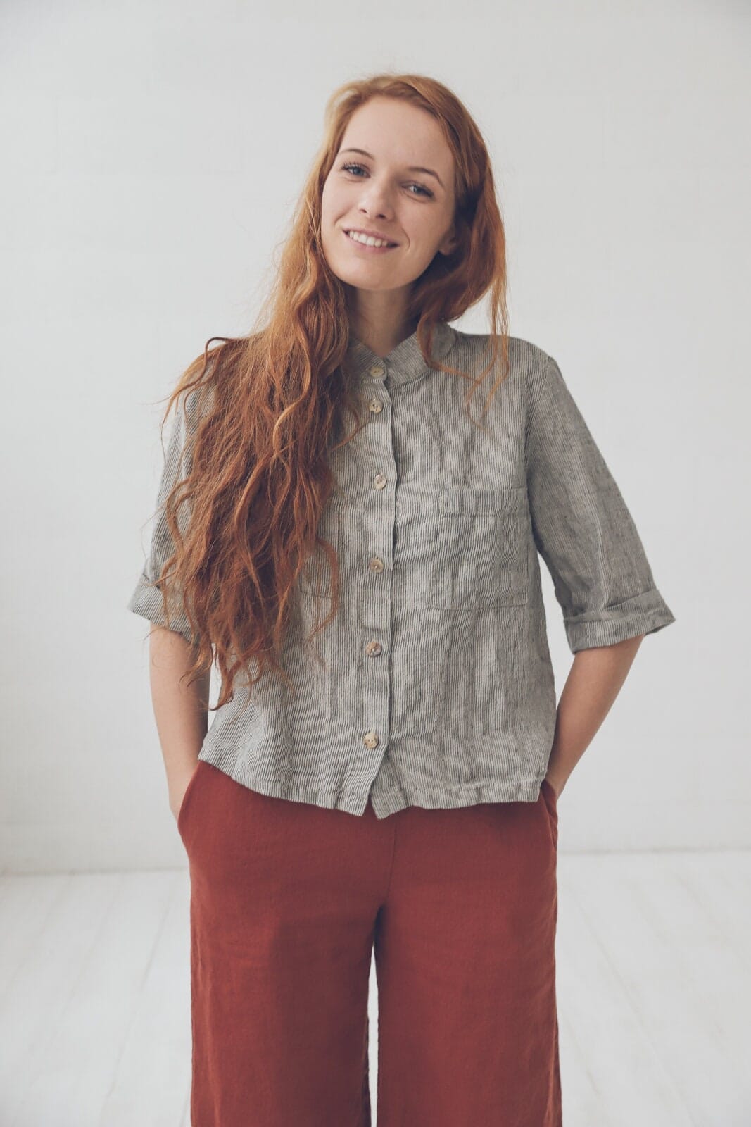 Oversized Linen Top Shirt Old Linen Mill Small Grey Checks XS/S