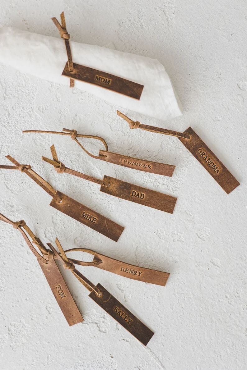Personalized Christmas Linen Leather Name Tags oldlinenmill.com Set of 4 tags