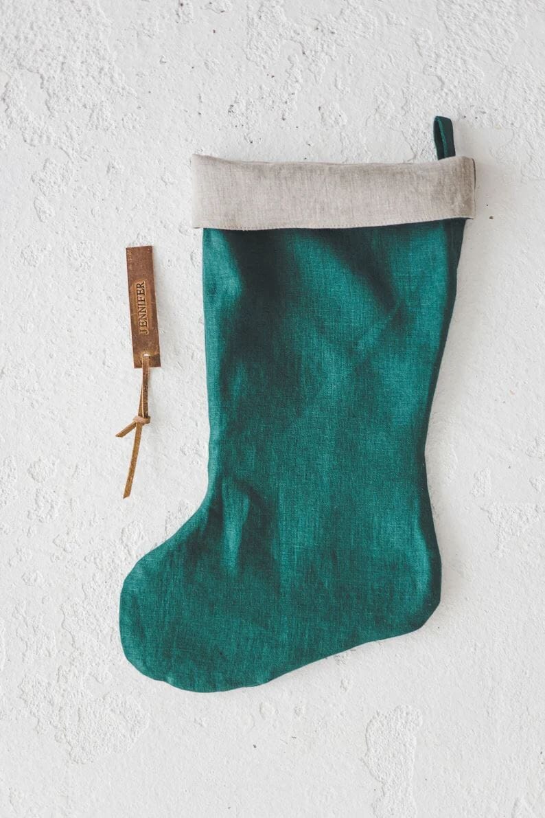 Personalized Christmas Linen Stocking oldlinenmill.com Dark Forest