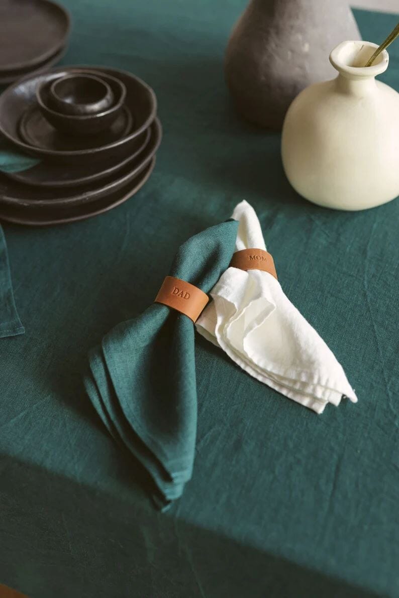 Personalized Handmade Leather Napkin Rings Gift Set Old Linen Mill Set of 6 rings