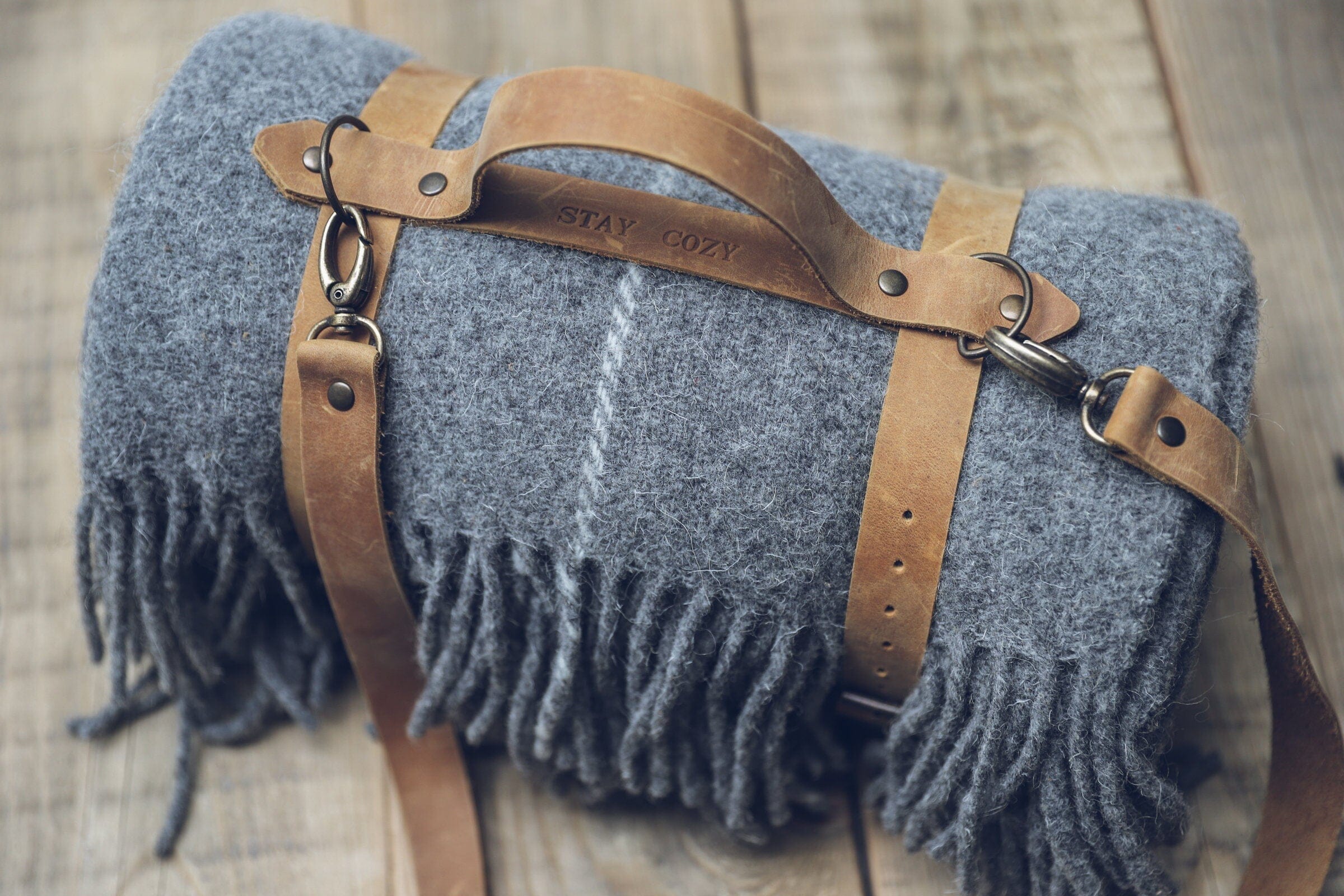 Personalized Leather Handle Strap with Gray Wool Throw Blanket Old Linen Mill