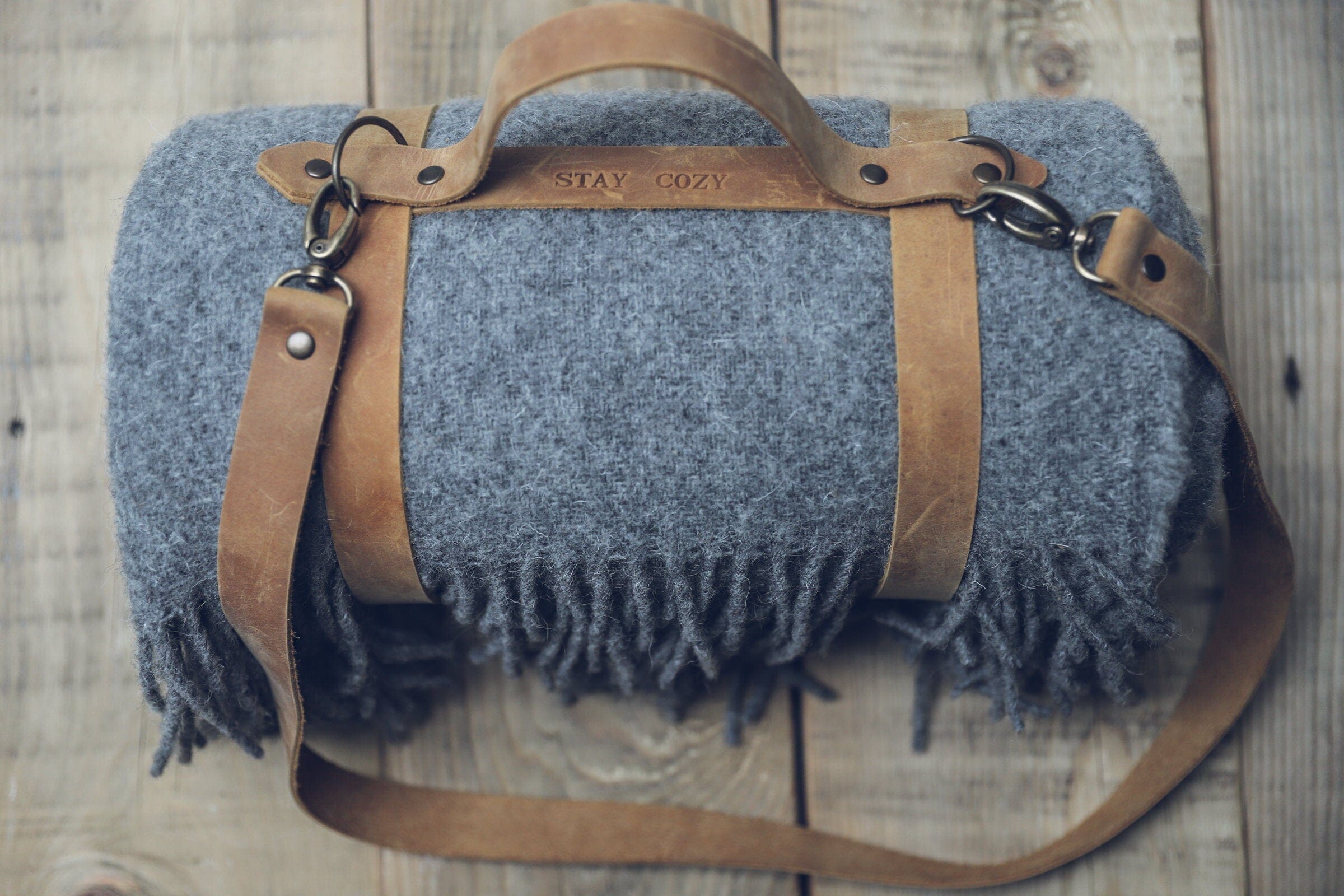 Personalized Leather Handle Strap with Gray Wool Throw Blanket Old Linen Mill