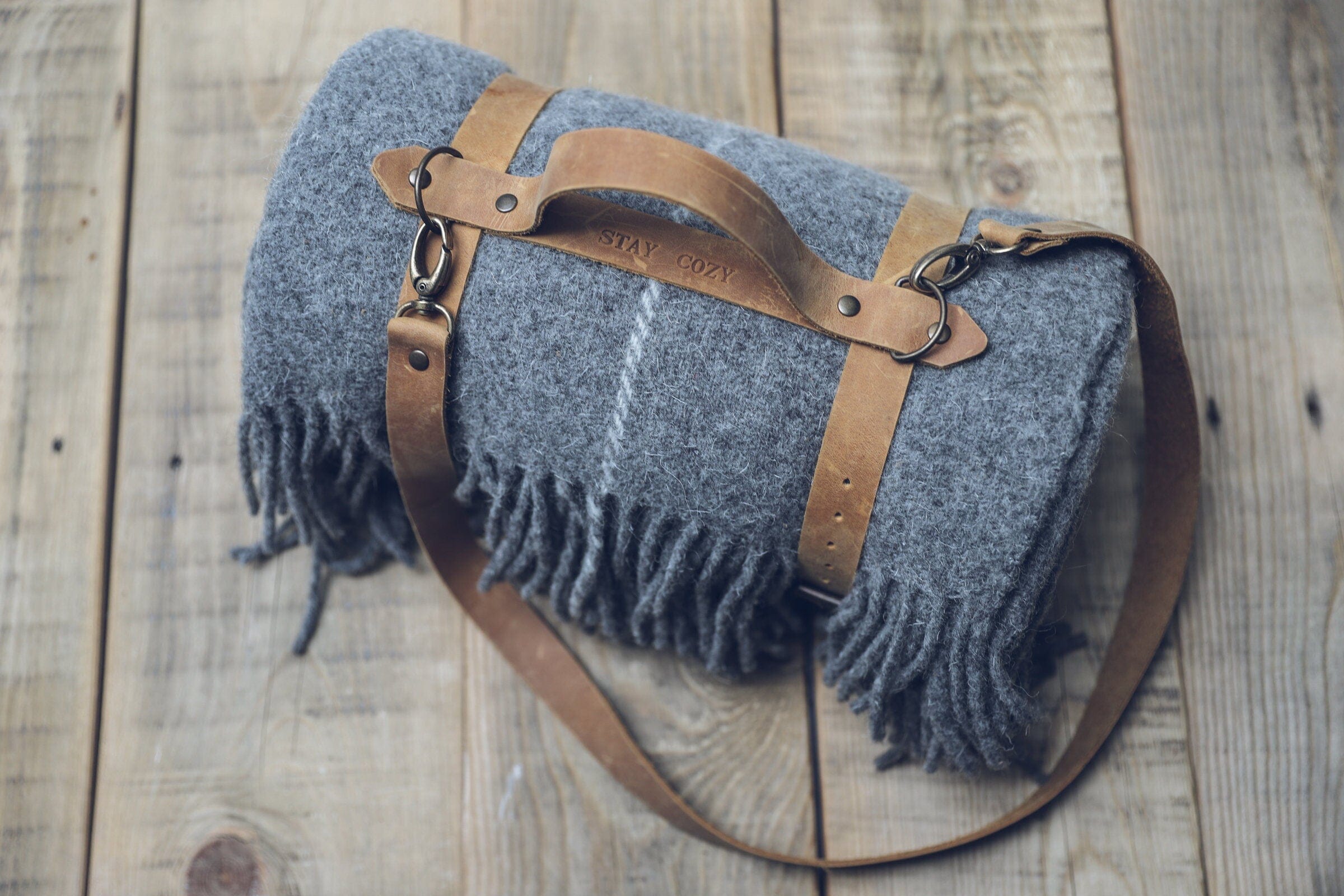 Personalized Leather Handle Strap with Gray Wool Throw Blanket Old Linen Mill Blanket+Handle