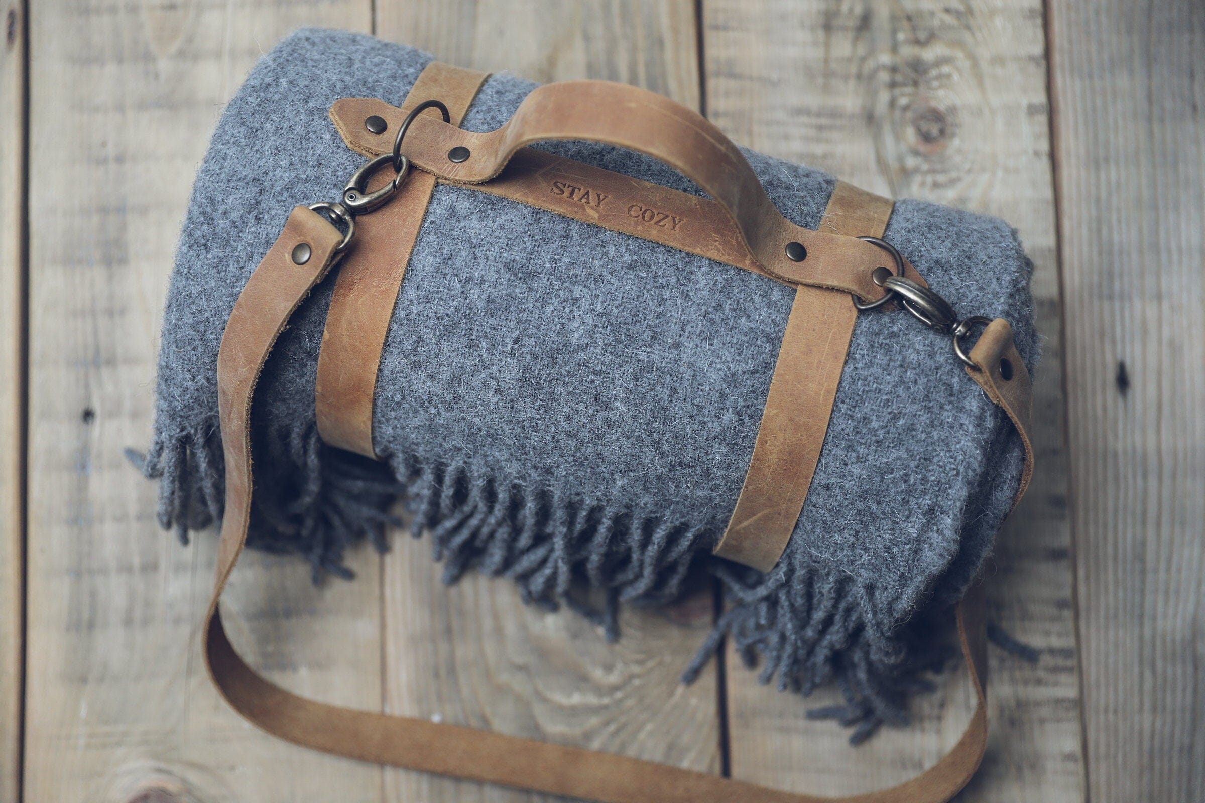 Personalized Leather Handle Strap with Gray Wool Throw Blanket Old Linen Mill Blanket+Handle