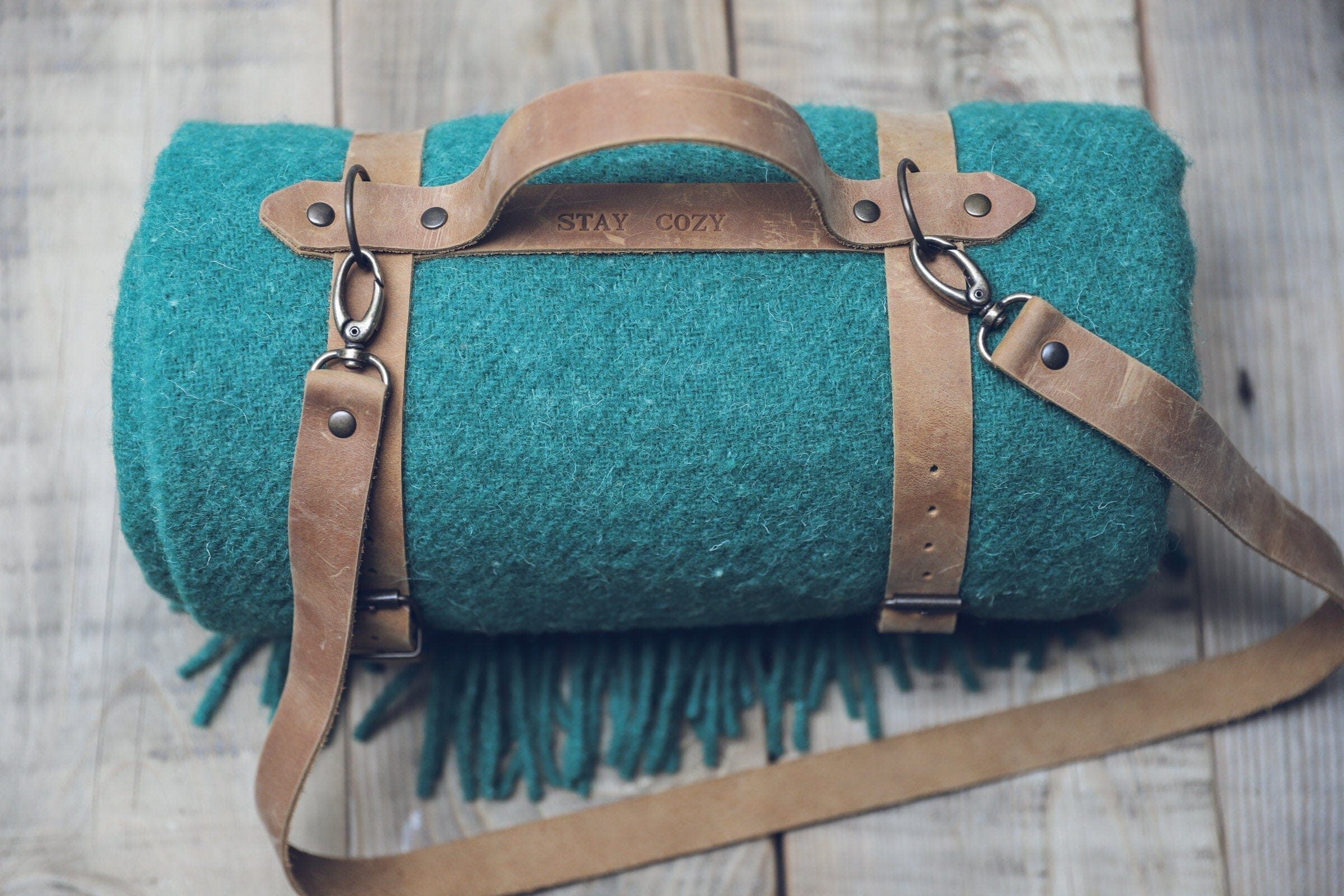 Personalized Leather Handle Strap with Green Wool Throw Blanket Old Linen Mill