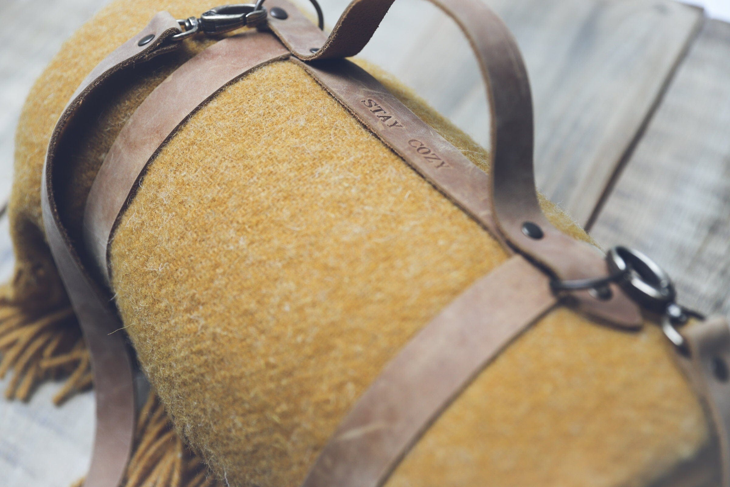 Personalized Leather Handle Strap with Mustard Wool Throw Blanket Old Linen Mill
