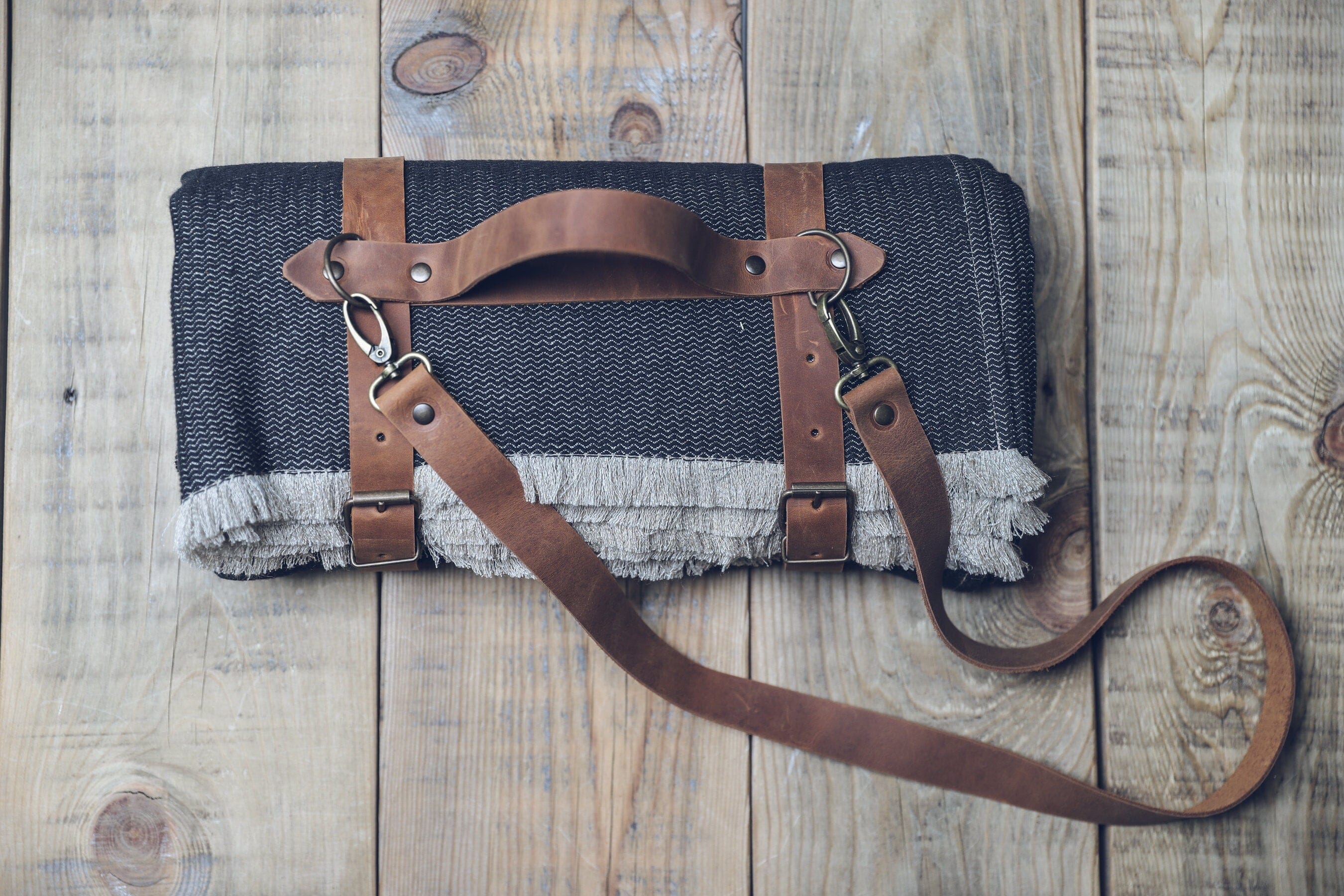 Personalized Leather Handle Strap with Wool Throw Blanket Old Linen Mill
