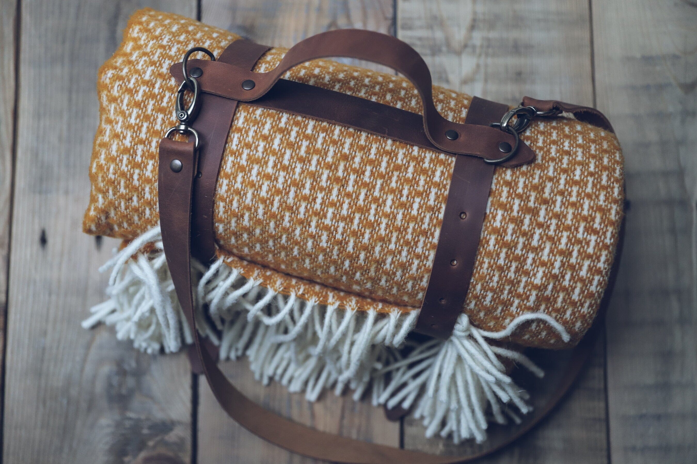 Personalized Leather Handle Strap with Yellow Mustard Wool Throw Blanket Old Linen Mill