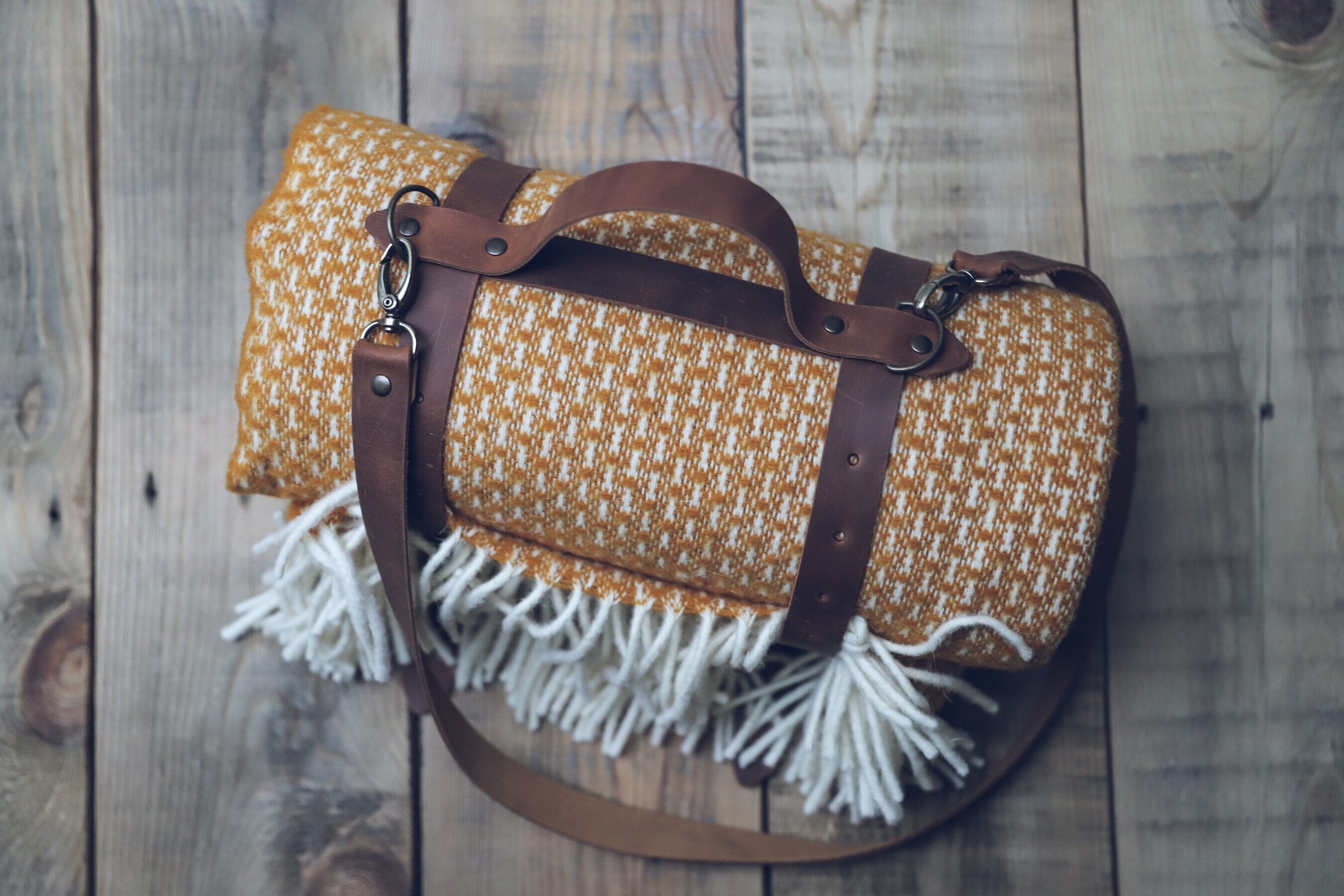 Personalized Leather Handle Strap with Yellow Mustard Wool Throw Blanket Old Linen Mill Blanket+Handle