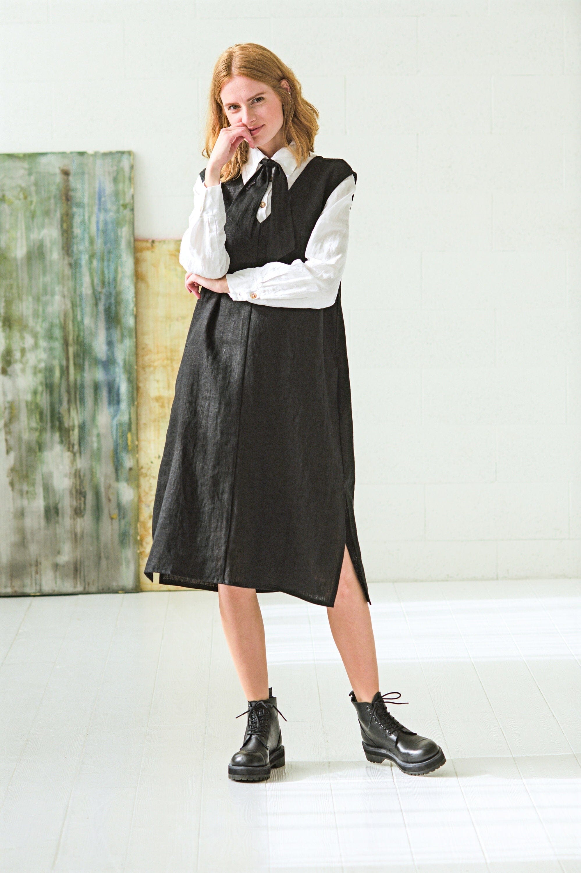 Pinafore Heavy Linen Sleeveless Dress Old Linen Mill Heavy Black XS/S