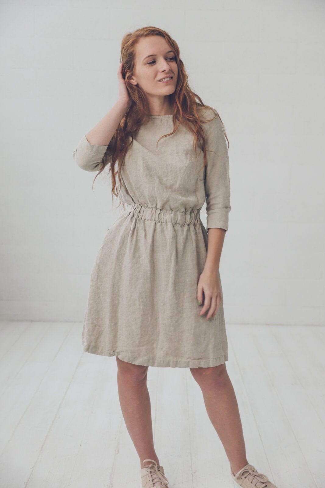 READY TO SHIP Beige Linen Dress, Half Sleeves Linen Dress with Pockets Old Linen Mill