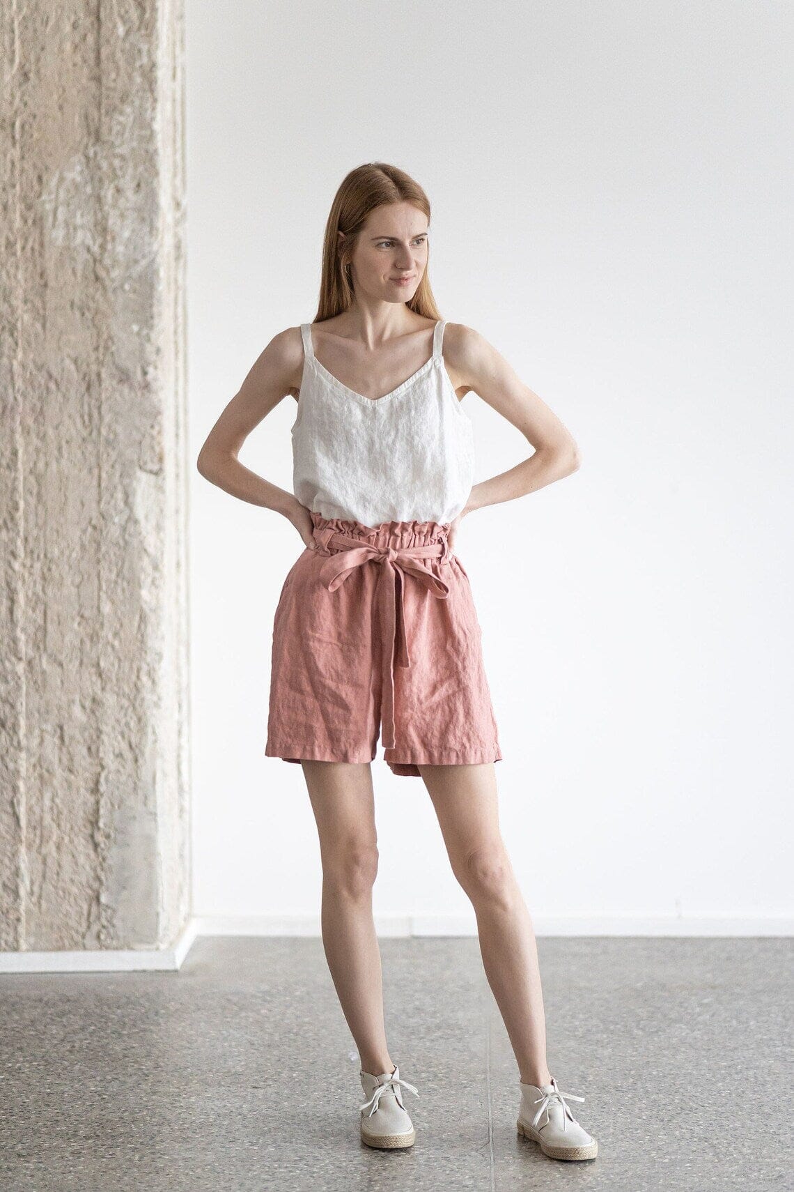 READY TO SHIP Bermuda Women Shorts With Belt oldlinenmill.com