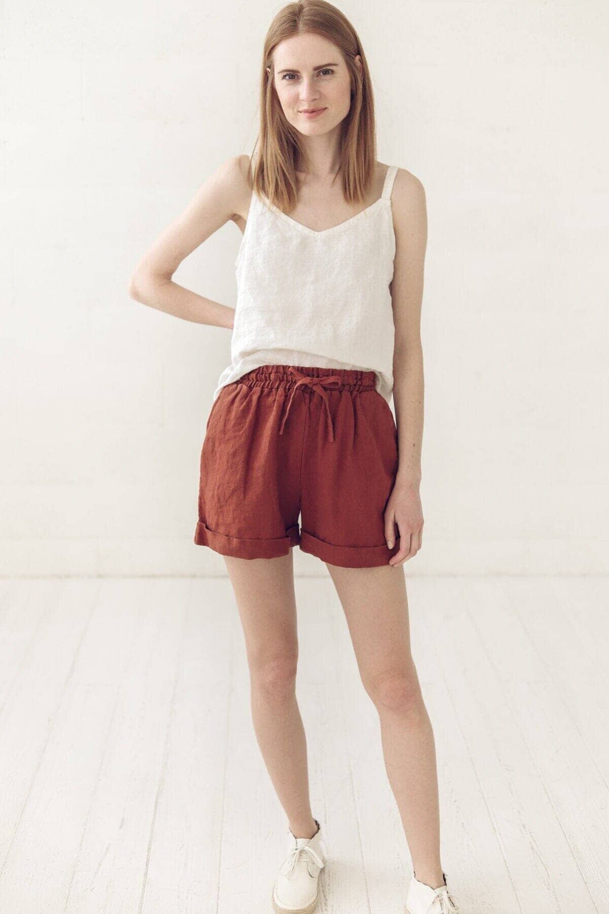 READY TO SHIP Elastic Waist Linen Summer Shorts in Ocean Blue Ocean Blue / M/L Old Linen Mill