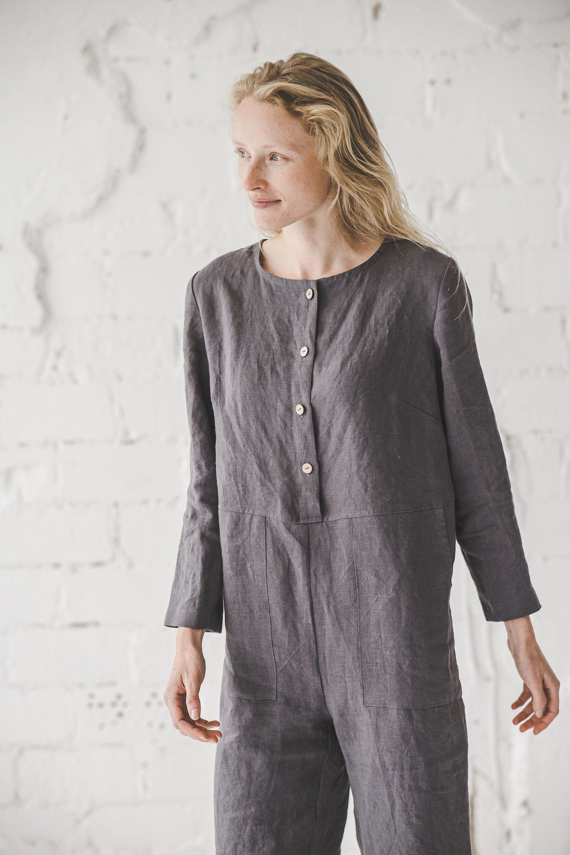 READY TO SHIP Linen Jumpsuit with Front and Back Pockets Old Linen Mill