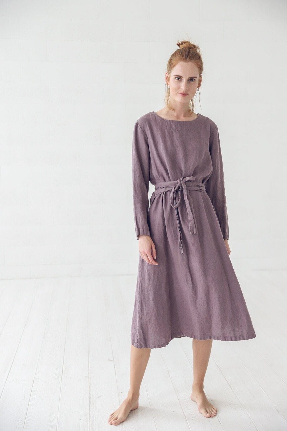 READY TO SHIP Linen Tie Belt Dress, Long Linen Swing Dress Burnt Orange / M/L oldlinenmill.com