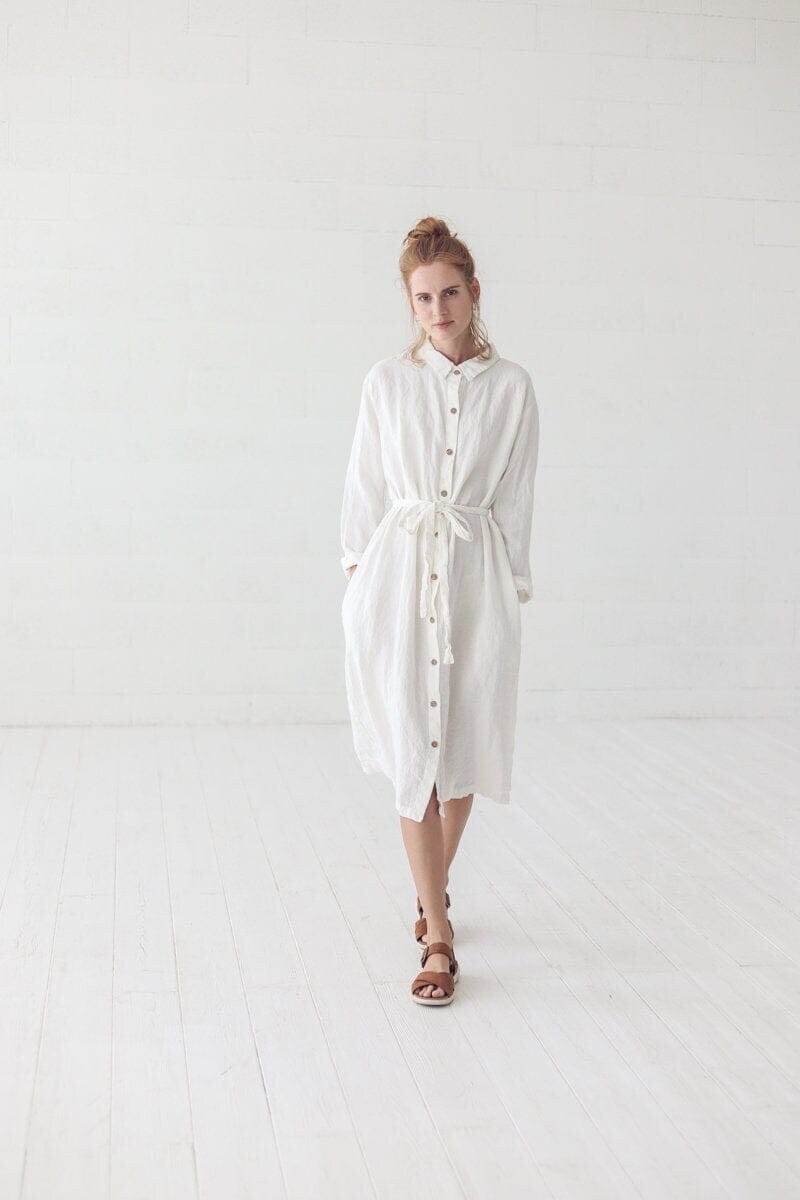 READY TO SHIP Long Linen Shirt Dress, Linen Soft Washed Dress with Bel