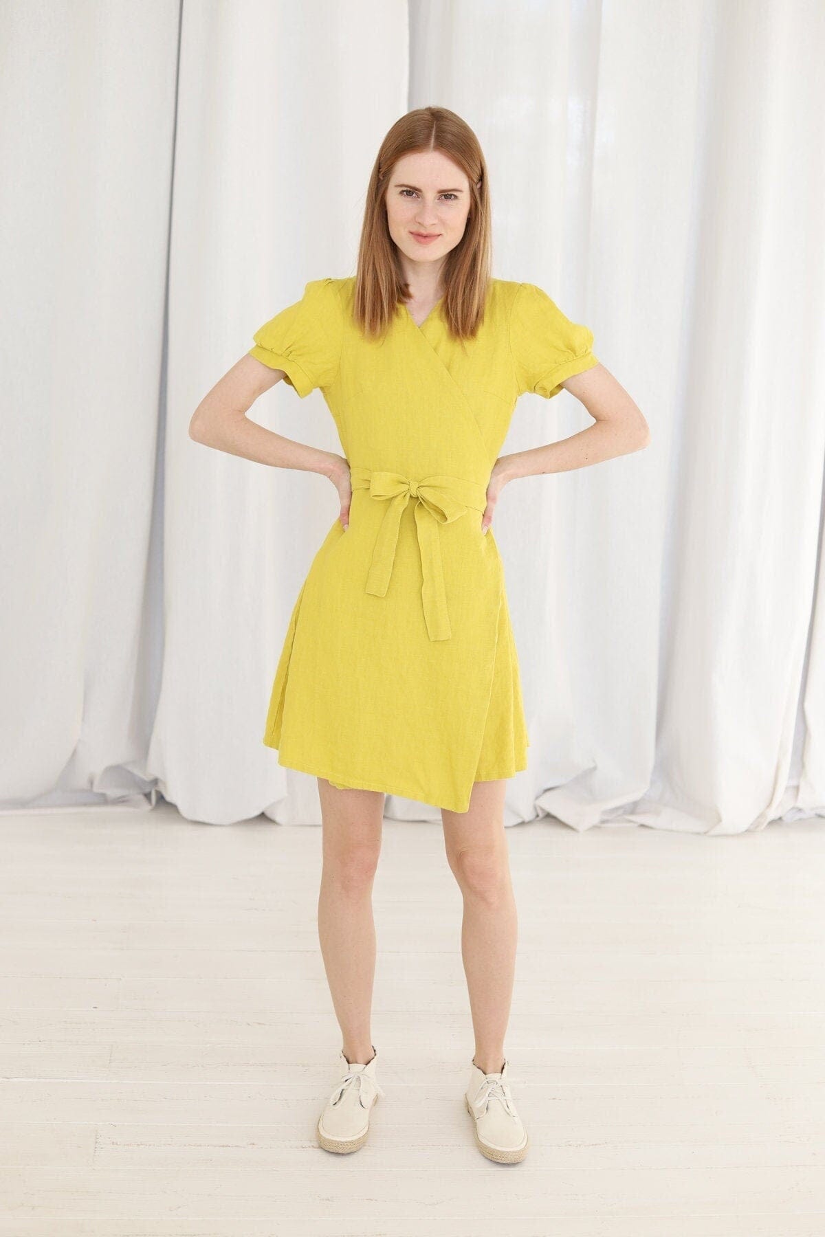READY TO SHIP Short Lemon Linen Wrap Dress Old Linen Mill