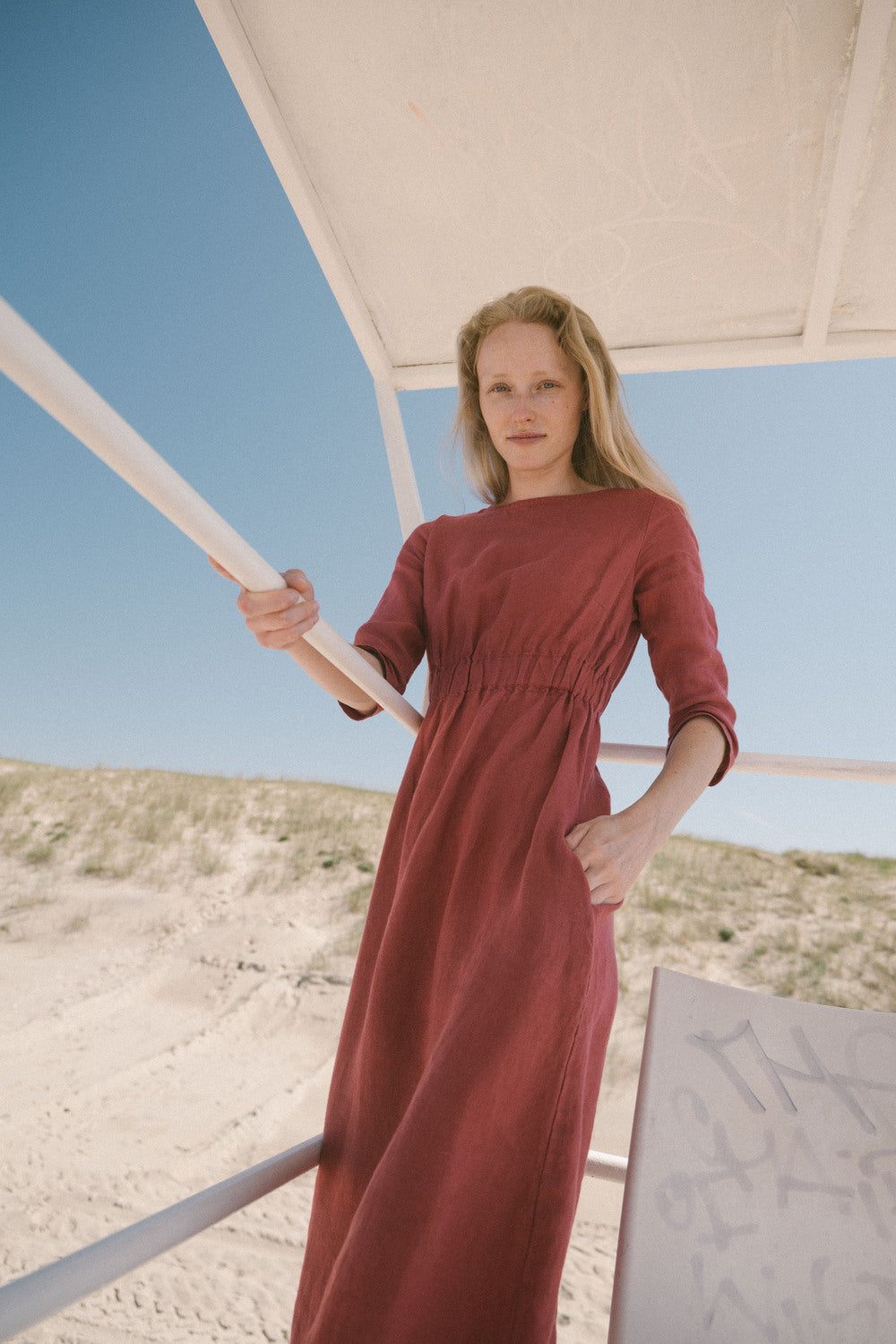 READY TO SHIP Slim Summer Dress with 3/4 sleeves D11-2 Flax Linen / S/M Old Linen Mill