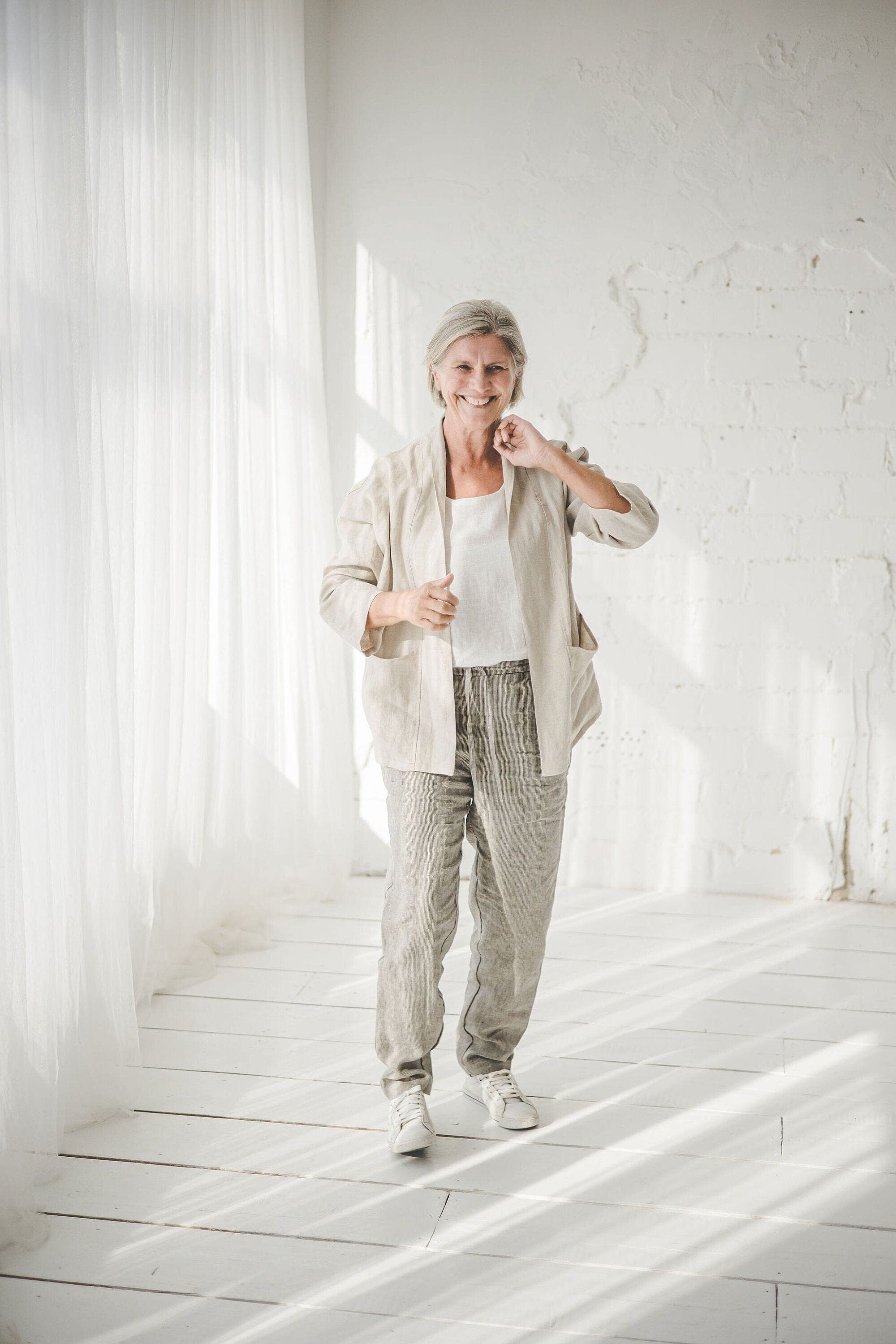 Relaxed Fit Linen Pants Old Linen Mill Small Grey Checks XS