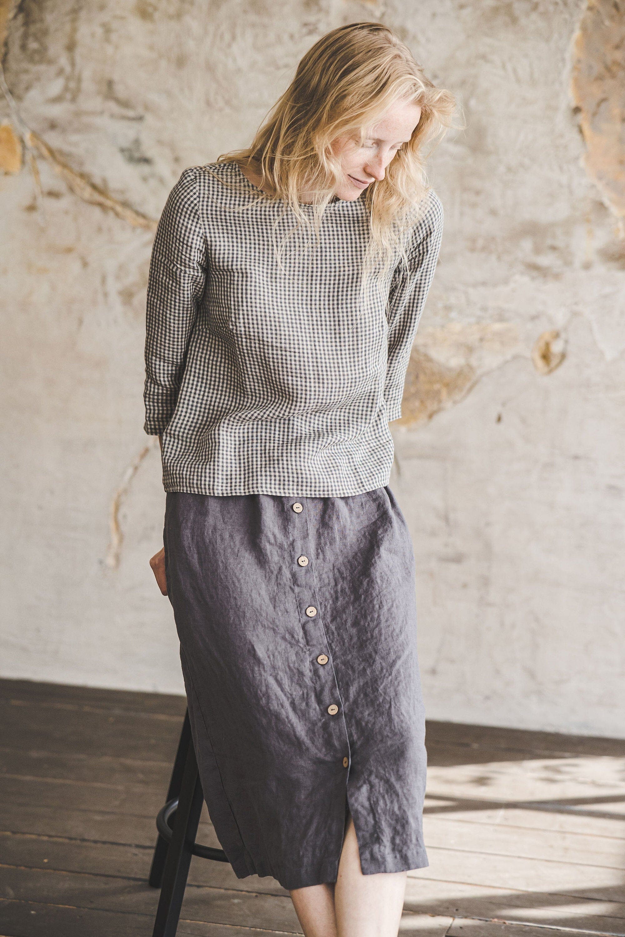 Retro Natural Linen Midi Skirt Old Linen Mill