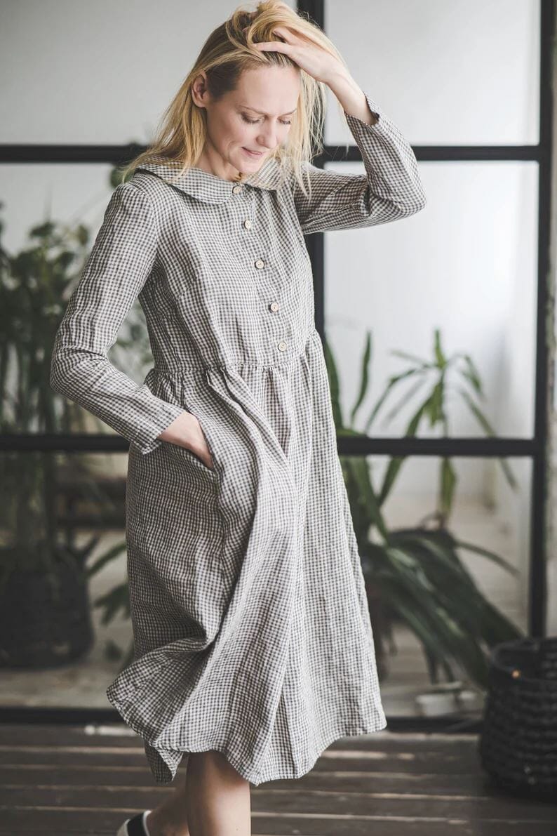 Romantic Linen Collared Dress Old Linen Mill Dark Forest XS