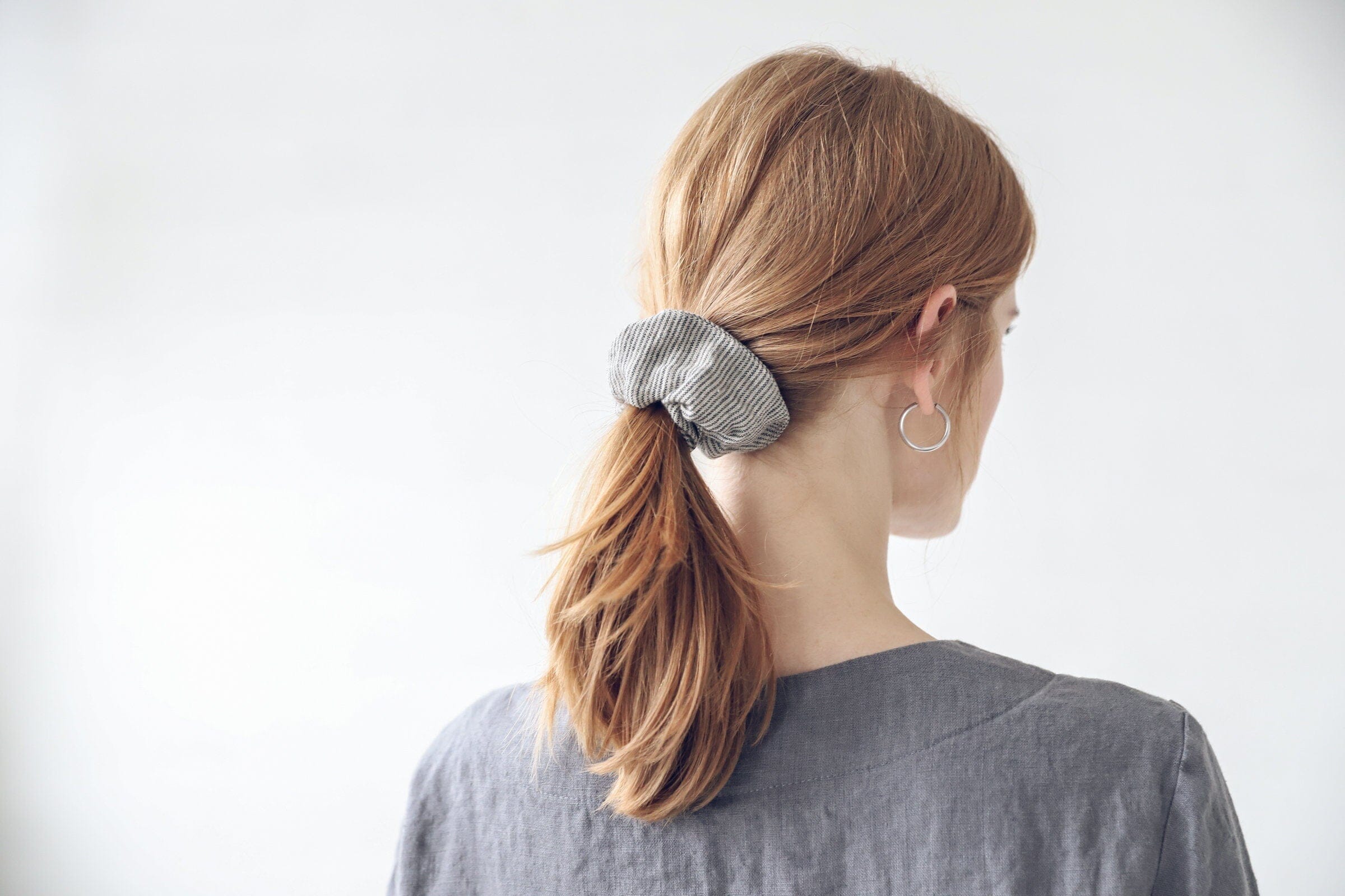 Set of 2 Handmade Linen Hair Scrunchies Old Linen Mill Natural Grey Stripes