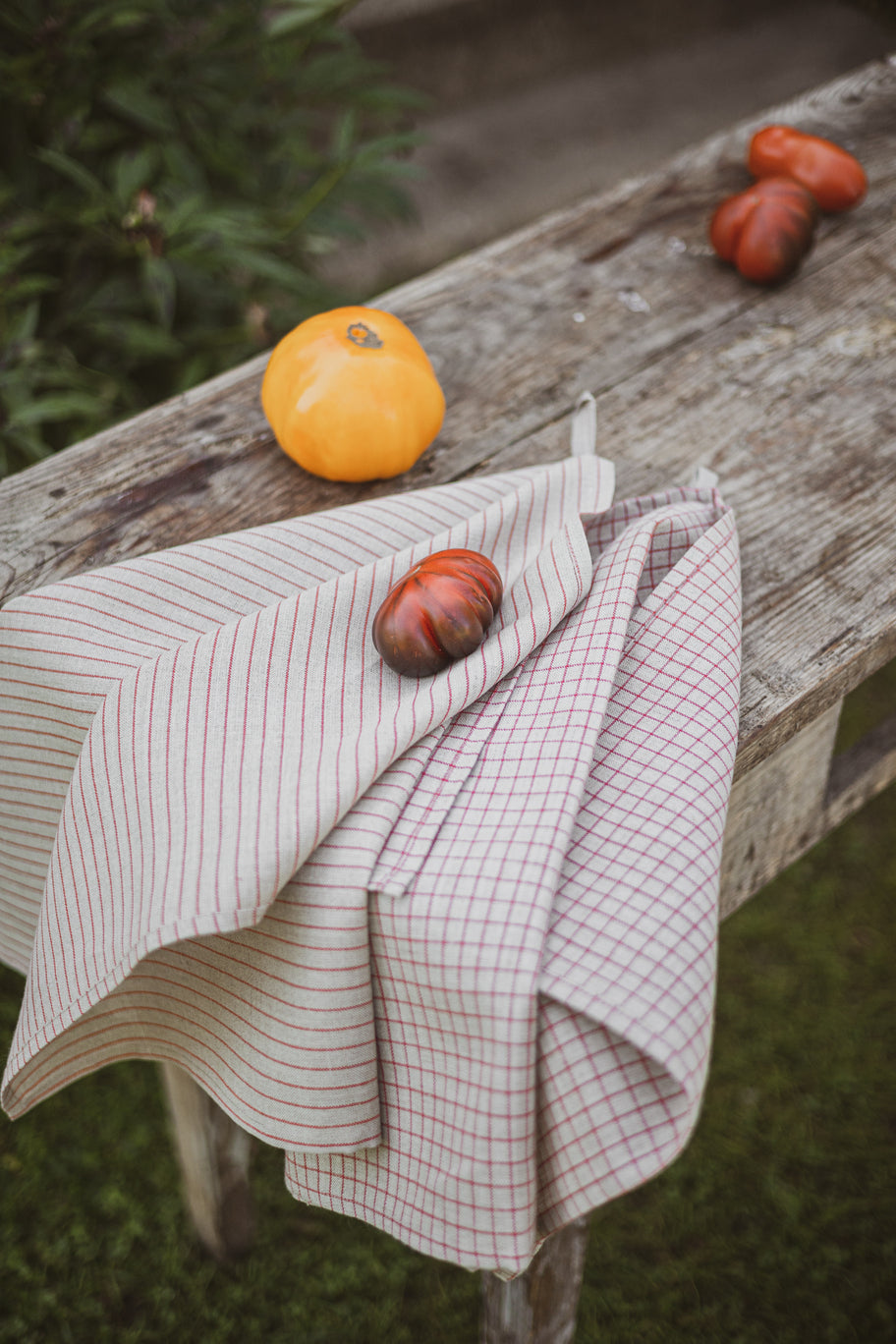 Set of 2 Natural Red Stripes Tea Towels Old Linen Mill