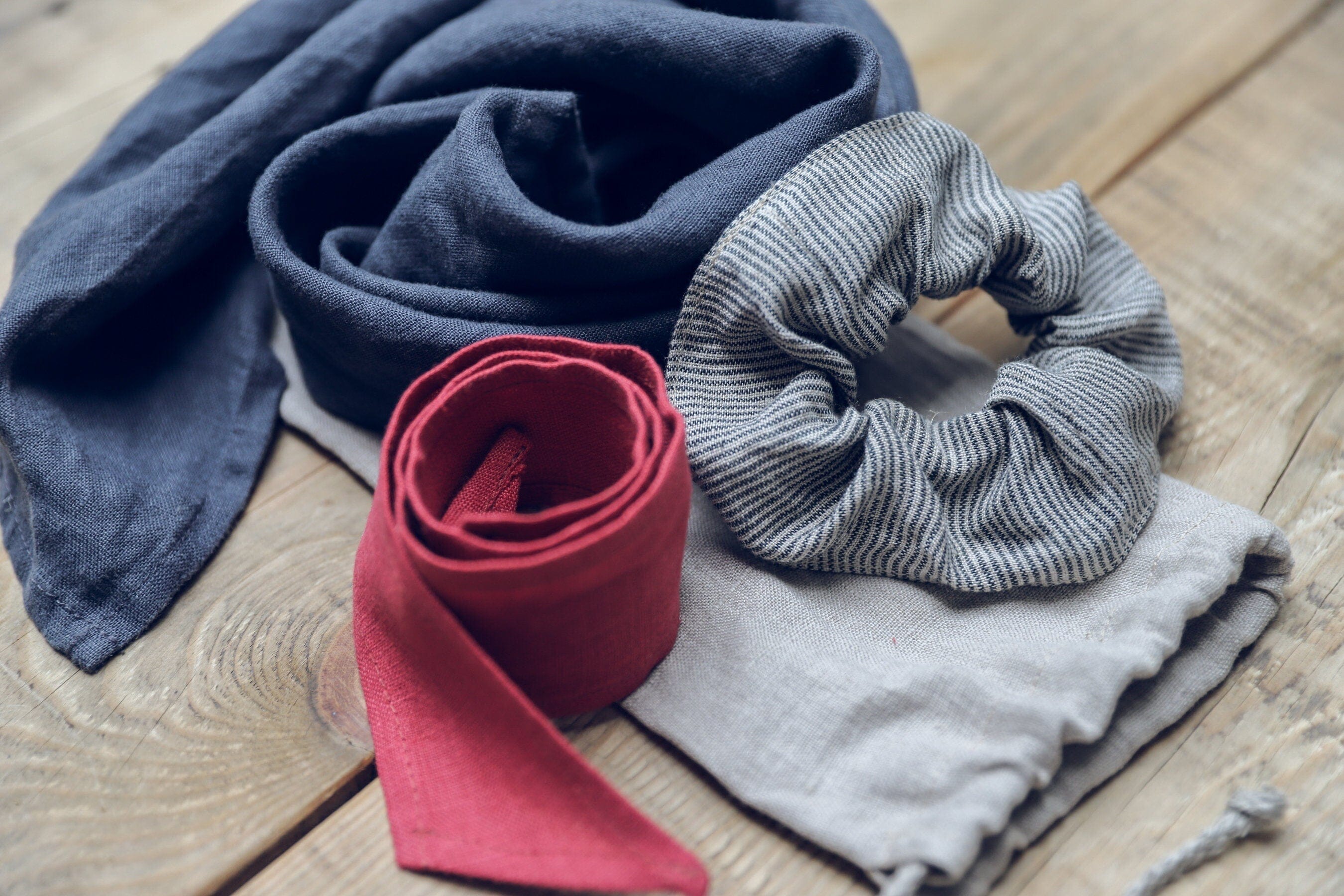 Set of 3 Linen Women Accessories Old Linen Mill Small Grey Checks Small Gray Checks