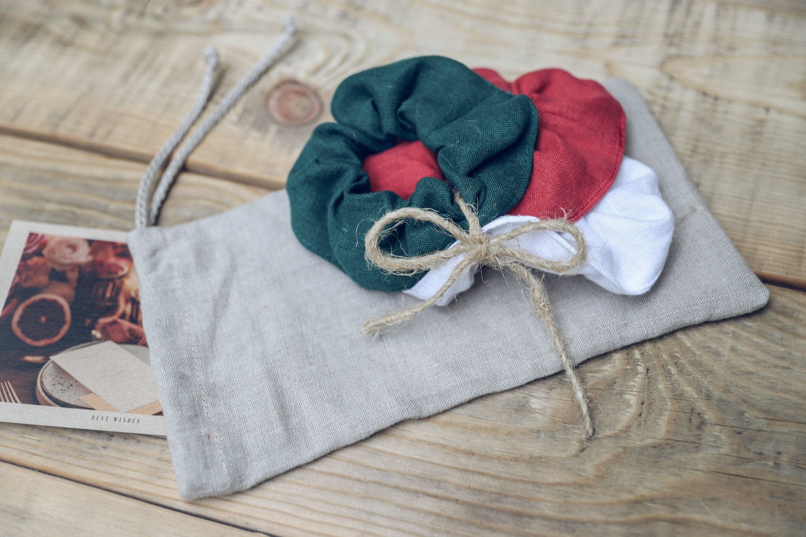 Set of 3 Small Linen Hair Ties Old Linen Mill Dark Forest